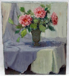 Pintura al óleo sobre lienzo de un interior con un jarrón de flores, firmada, década de los 70, sin enmarcar