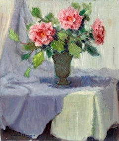 Pintura al óleo sobre lienzo de un interior con un jarrón de flores, firmada, década de los 70, sin enmarcar