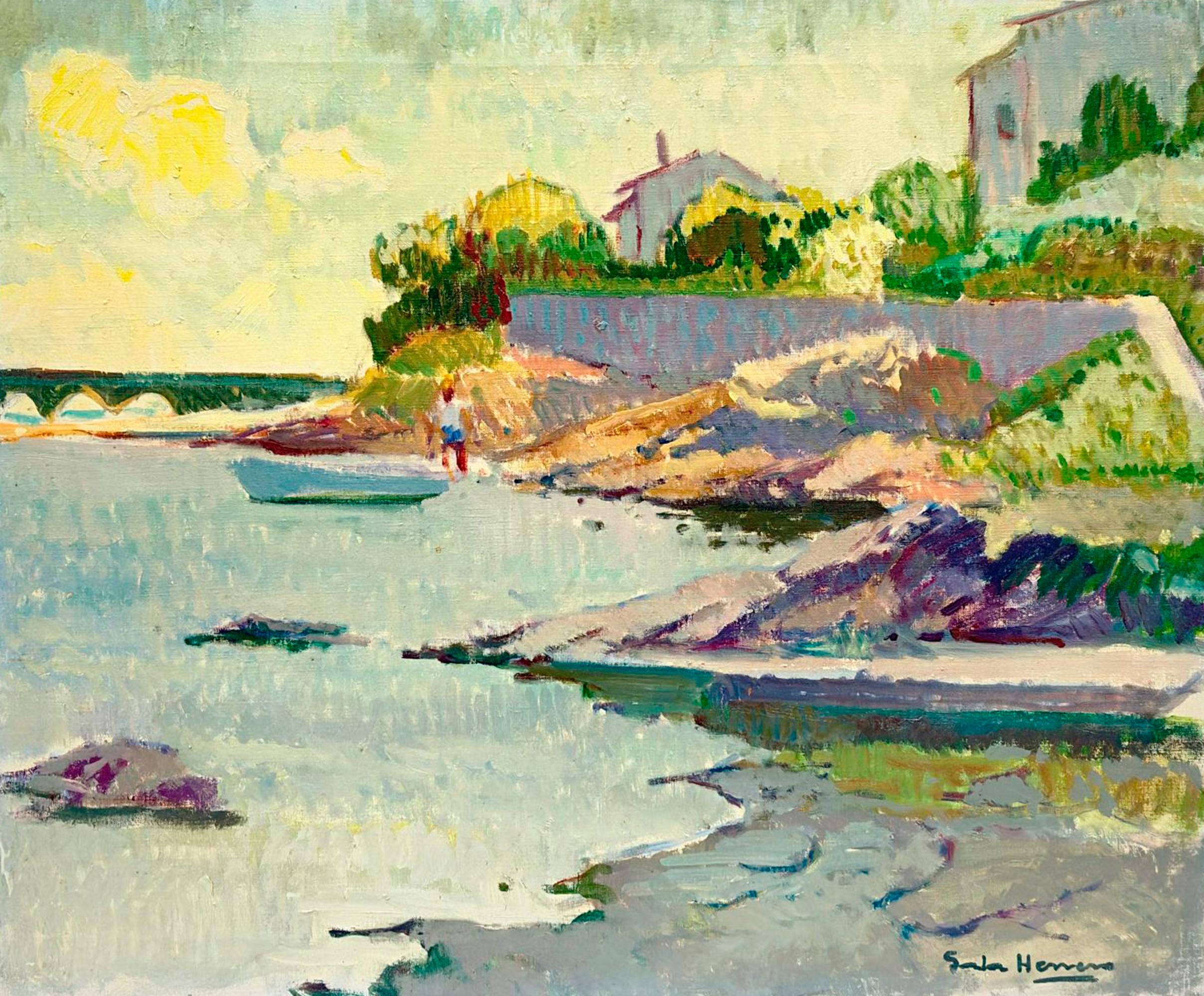 Mittelmeer-Küstenlandschaft mit Booten – Ölgemälde auf Leinwand, signiert, 1970er Jahre