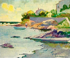 Mediterranean Coastal Landscape with Boats Oil Painting on Canvas, Signed, 1970s