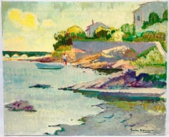 Mediterranean Coastal Landscape with Boats Oil Painting on Canvas, Signed, 1970s