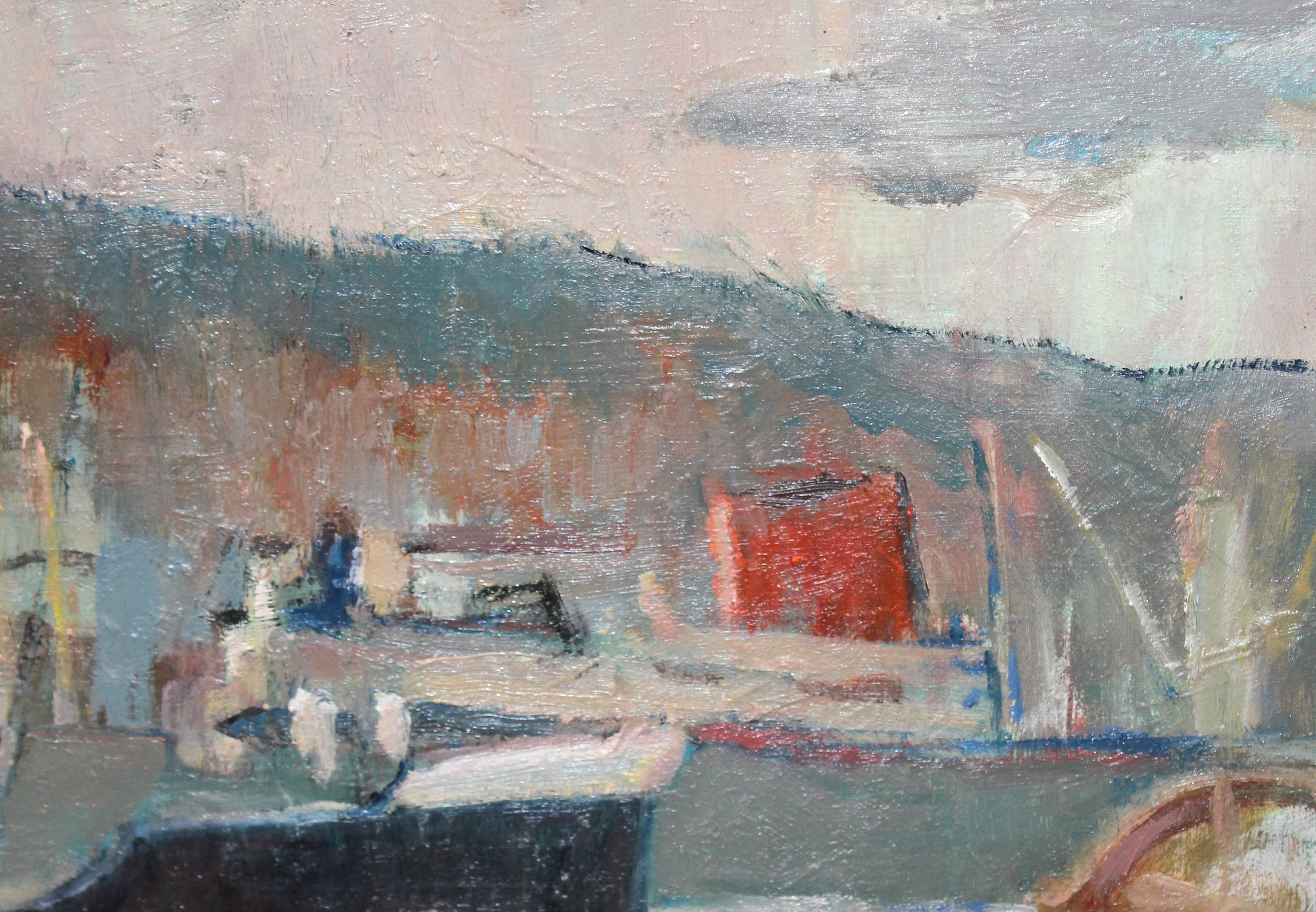 Puerto de Barcelona - Óleo sobre tela (Braun), Landscape Painting, von Antoni Sala Herrero