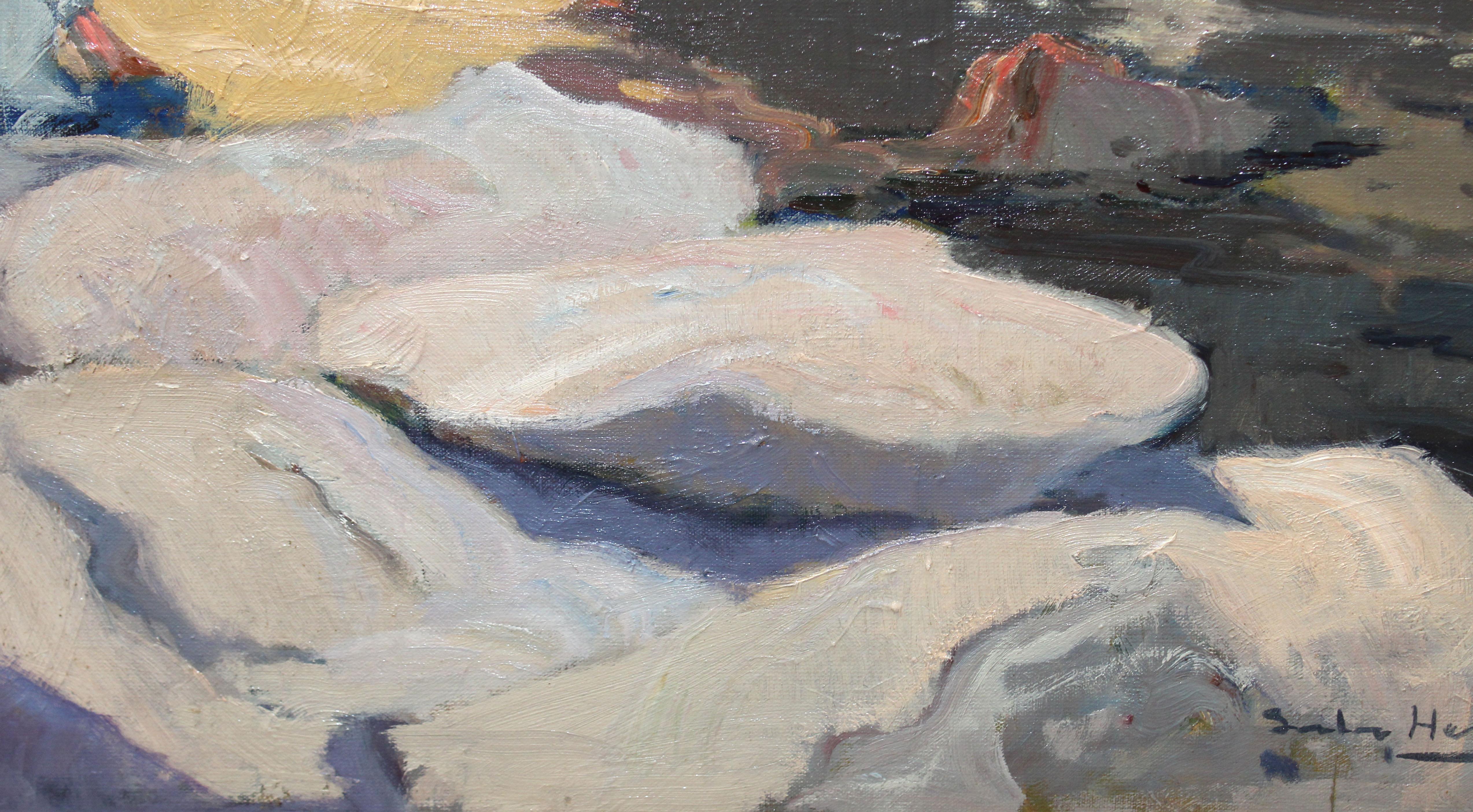 Reflejos tranquilos en la cala - Óleo sobre tela en venta 2