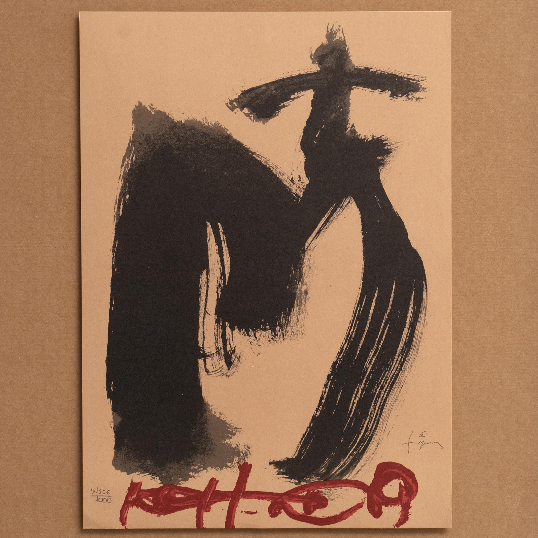 Antoni Tapies Litografía abstracta negra y roja enmarcada sobre papel, 1999 Español en venta