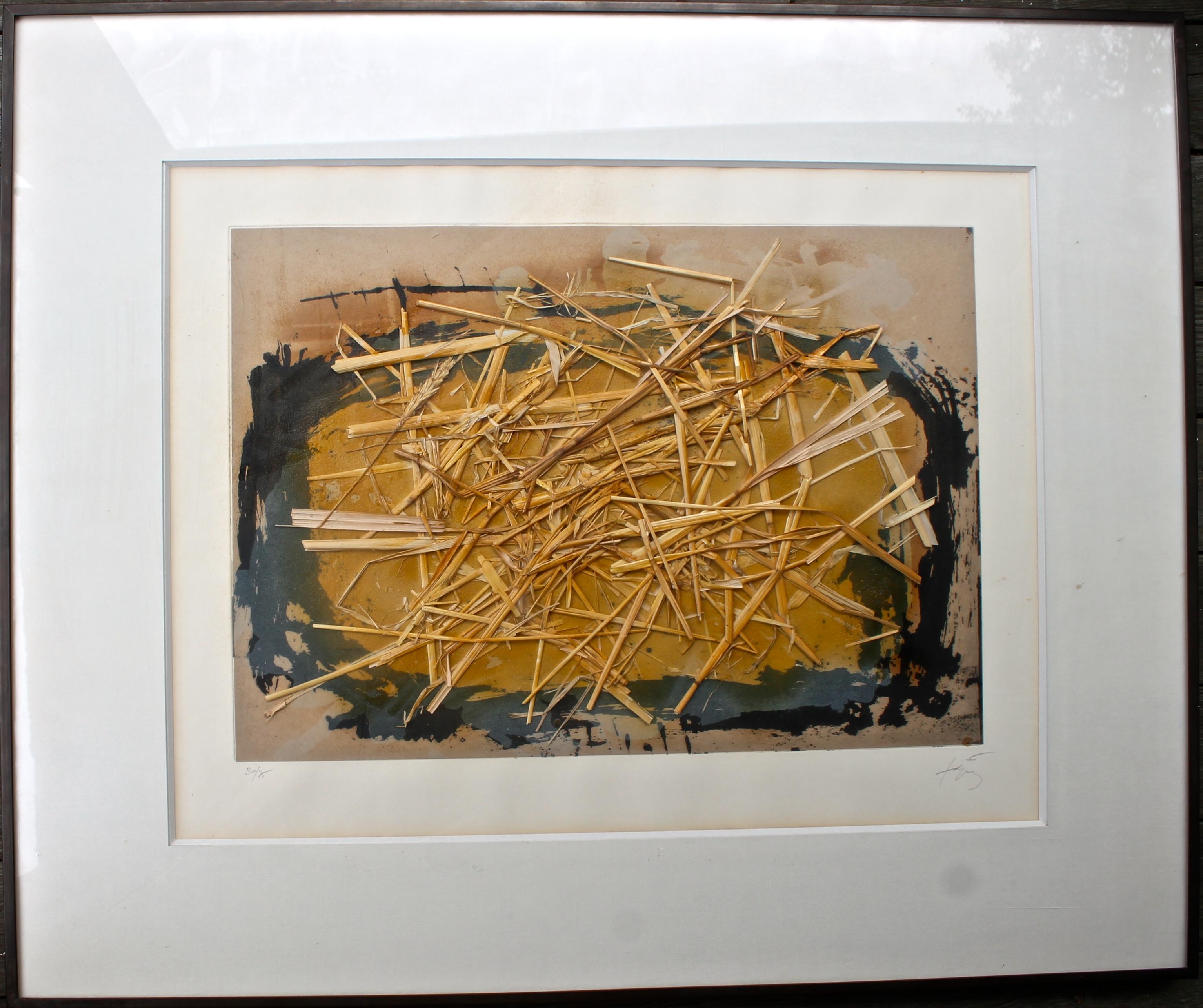 Offering a beautifully matted and framed Etching Aquatint with a unique straw collage by the super important Spanish painter Antoni Tapies (1923-2012). Galfetti Catalog Raisonnee #196. This is signed and numbered in pencil 30/75. Image size: 13 1/2