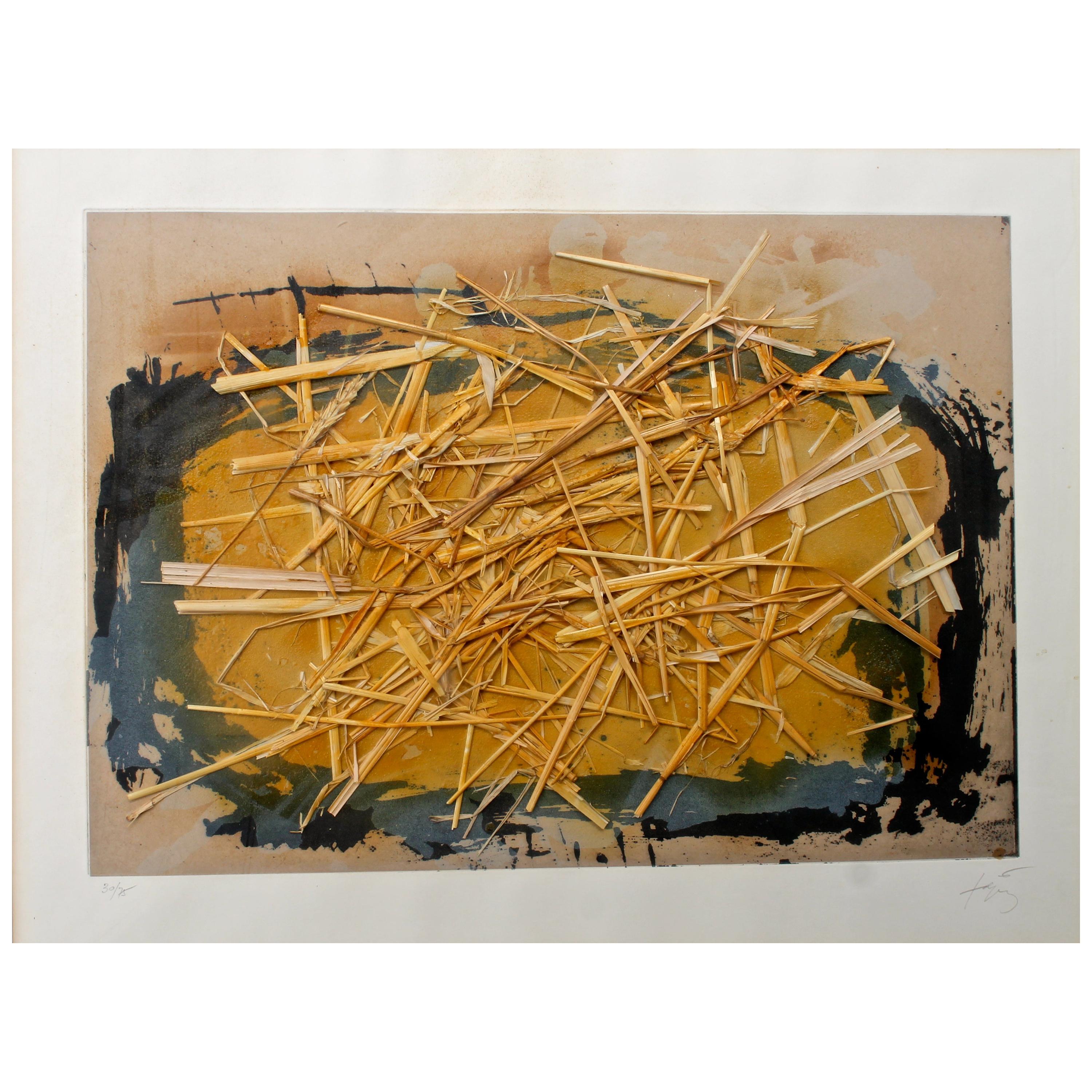 Antoni Tapies 'La Paille' 1969 Aquatint with Straw Collage For Sale