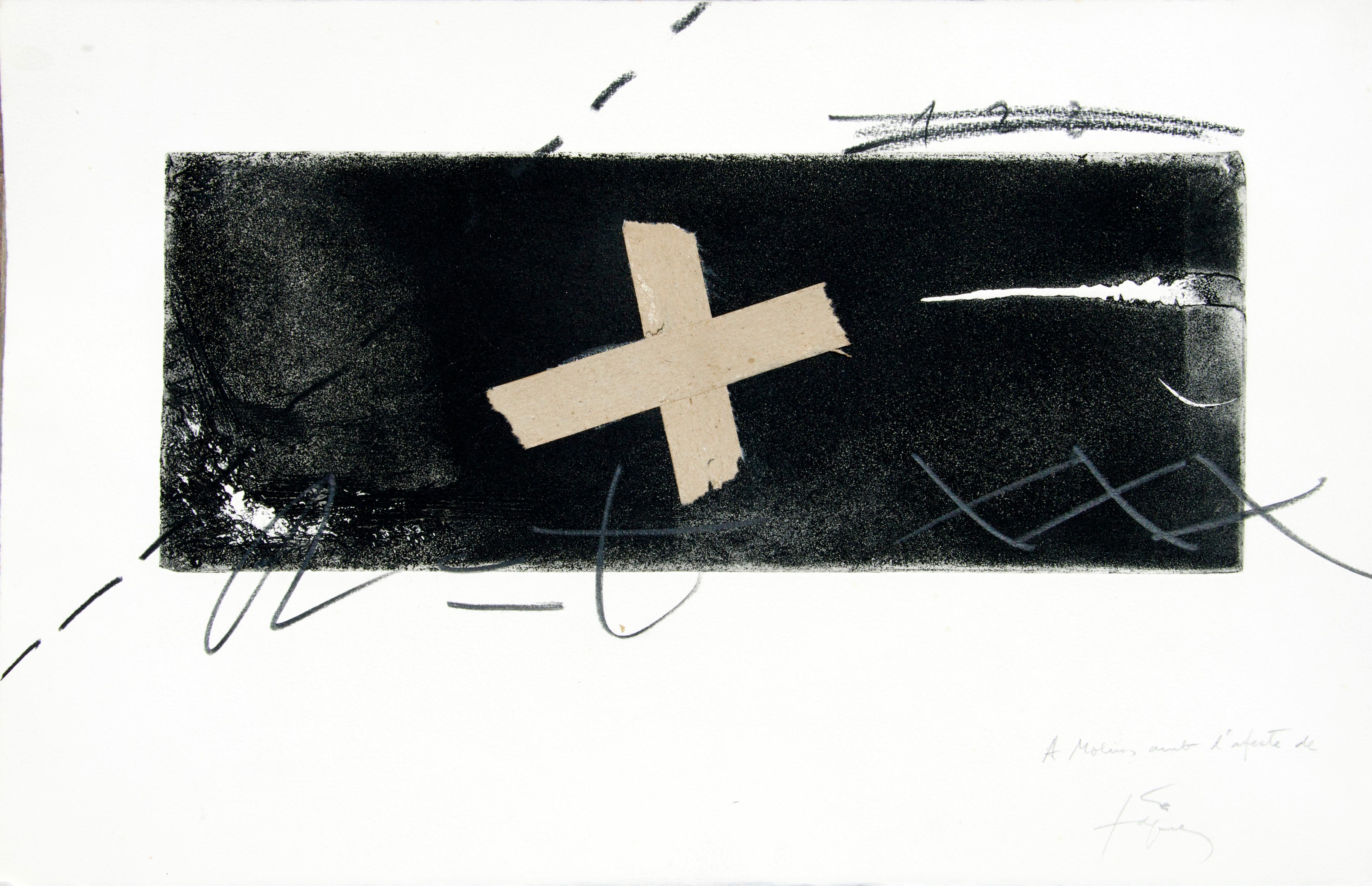 Fantastic work by Antoni Tapies made with mixed technique and collage (ink, pencil, wax, engraving and collage) on  paper.

Piece full of symbolism and strength.

The cross is the symbol that has always been present throughout the work of Tàpies,