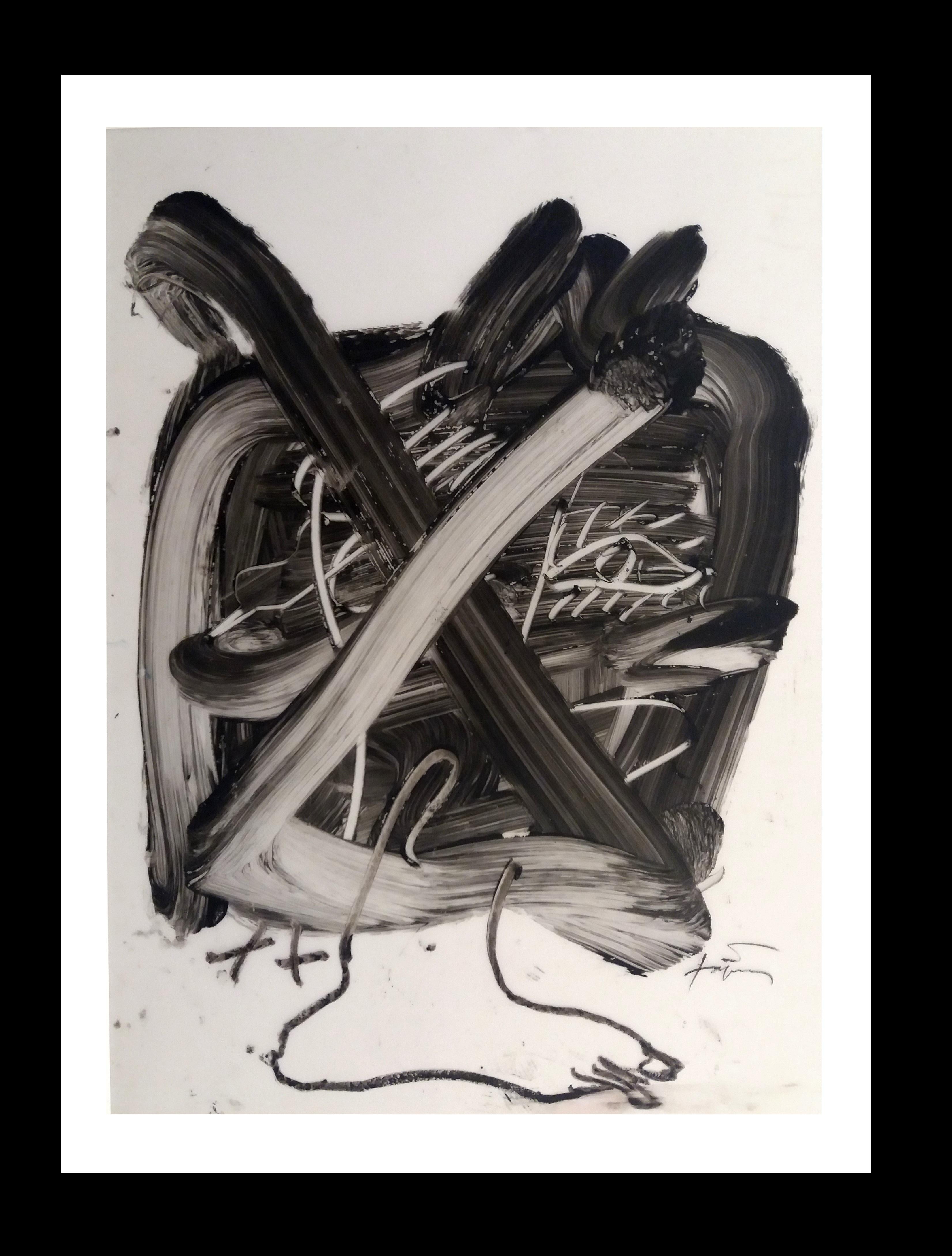 TAPIES Abstrakt auf Zeichnungspapier.  Schwarz und Weiß  Senkrecht – Painting von Antoni Tàpies
