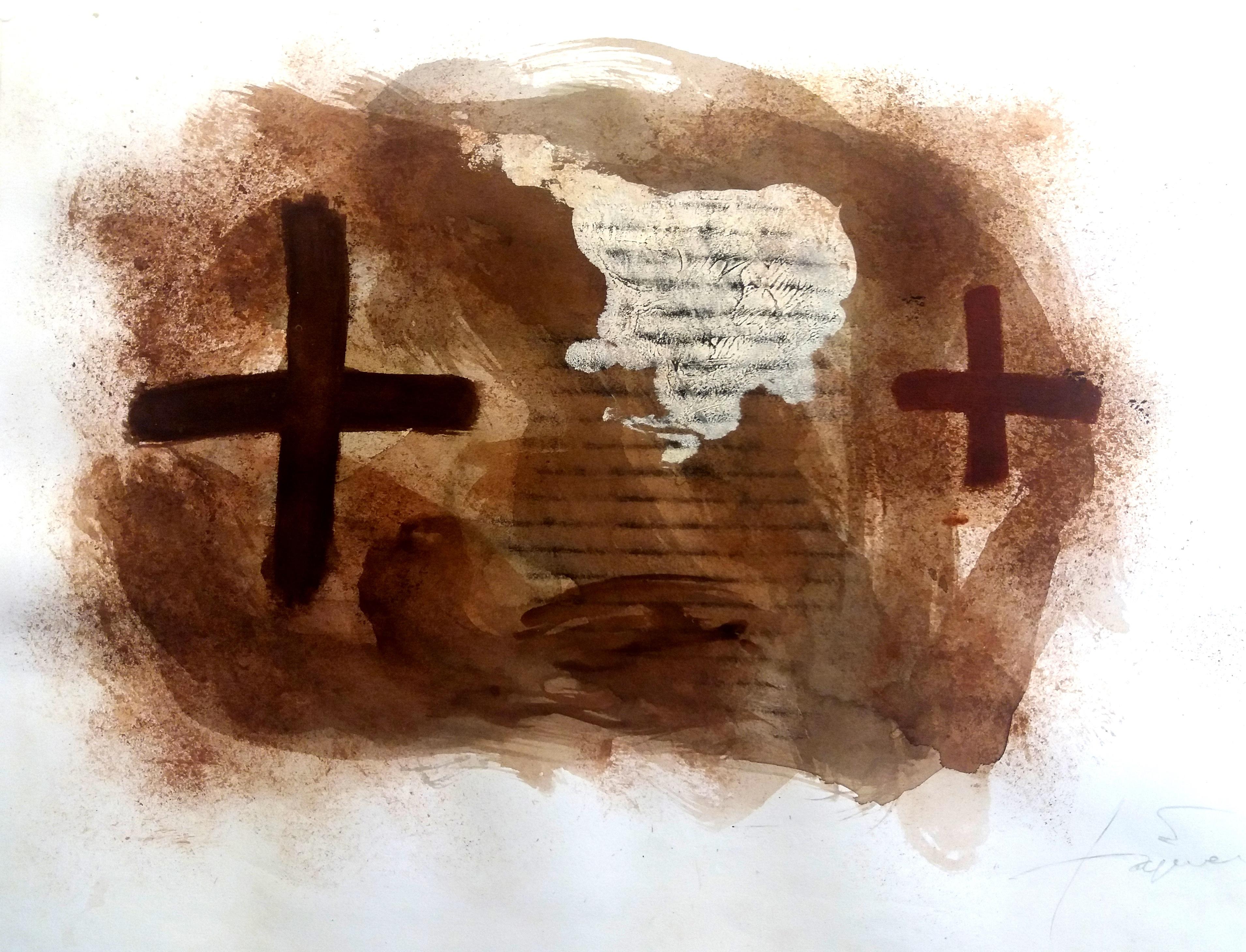 Tapies  Brown Cross. original acrylic painting on paper mixed media 6