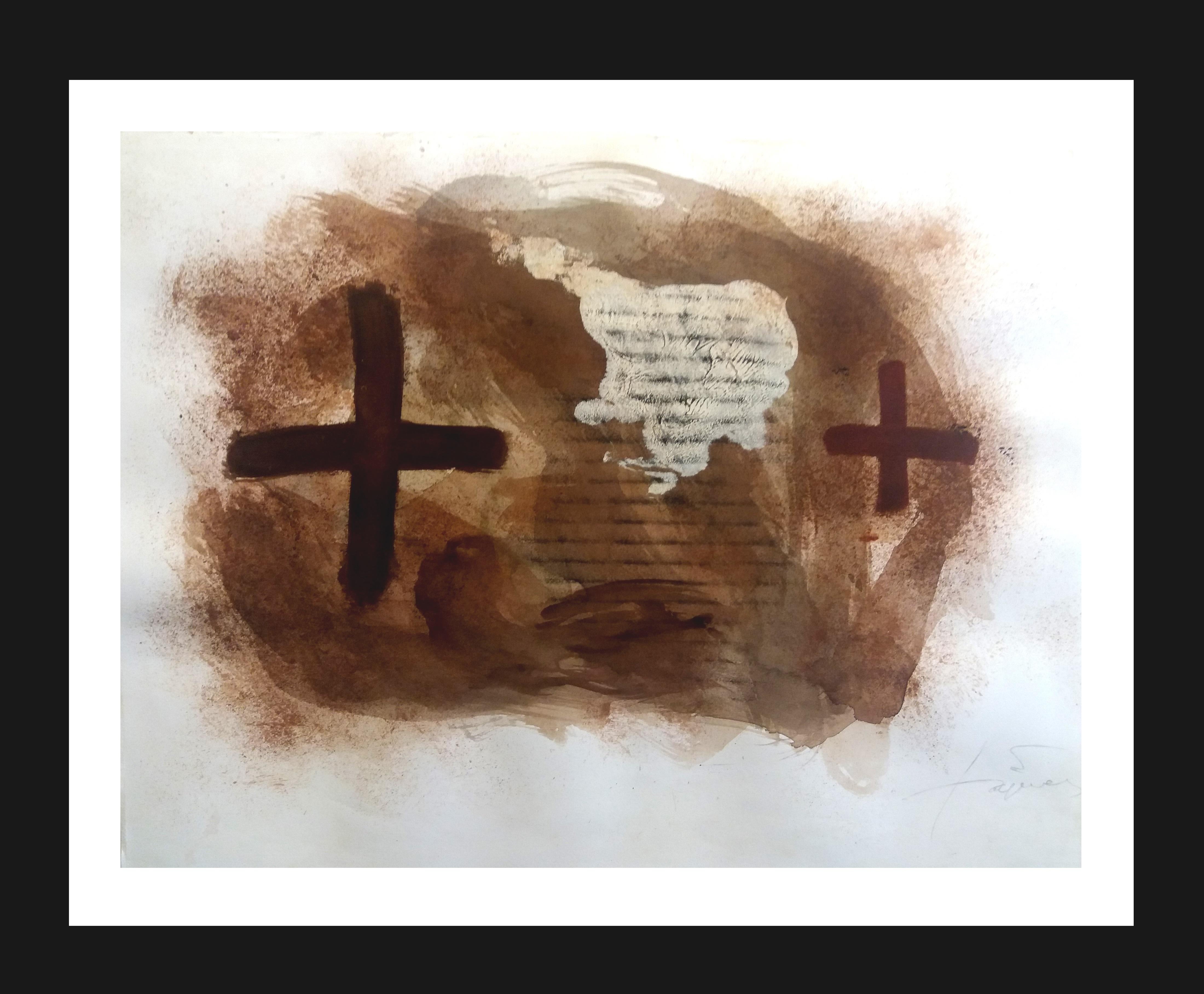 Tapies  Brown Cross. original acrylic painting on paper mixed media - Abstract Painting by Antoni Tàpies