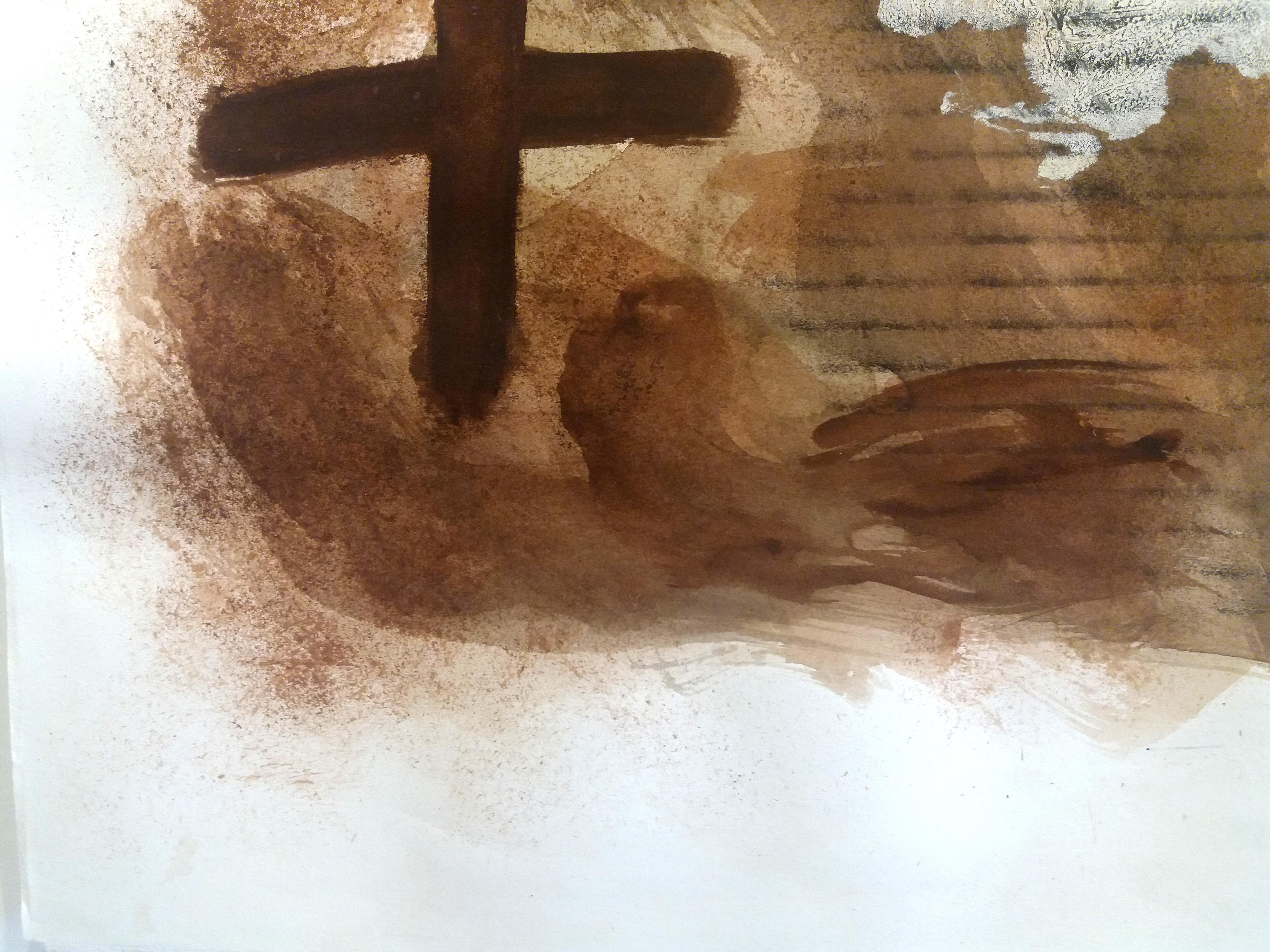 Tapies  Brown Cross. original acrylic painting on paper mixed media 4