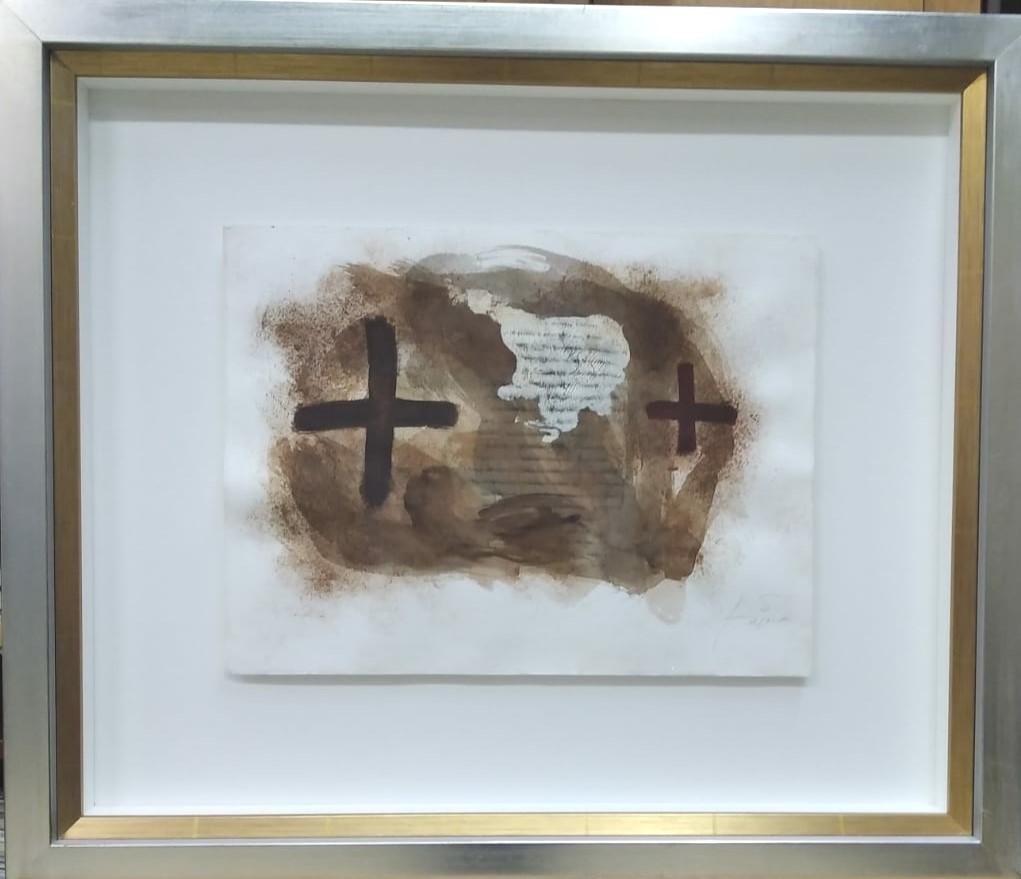 Antoni Tàpies Abstract Painting - Tapies  Brown Cross. original acrylic painting on paper mixed media