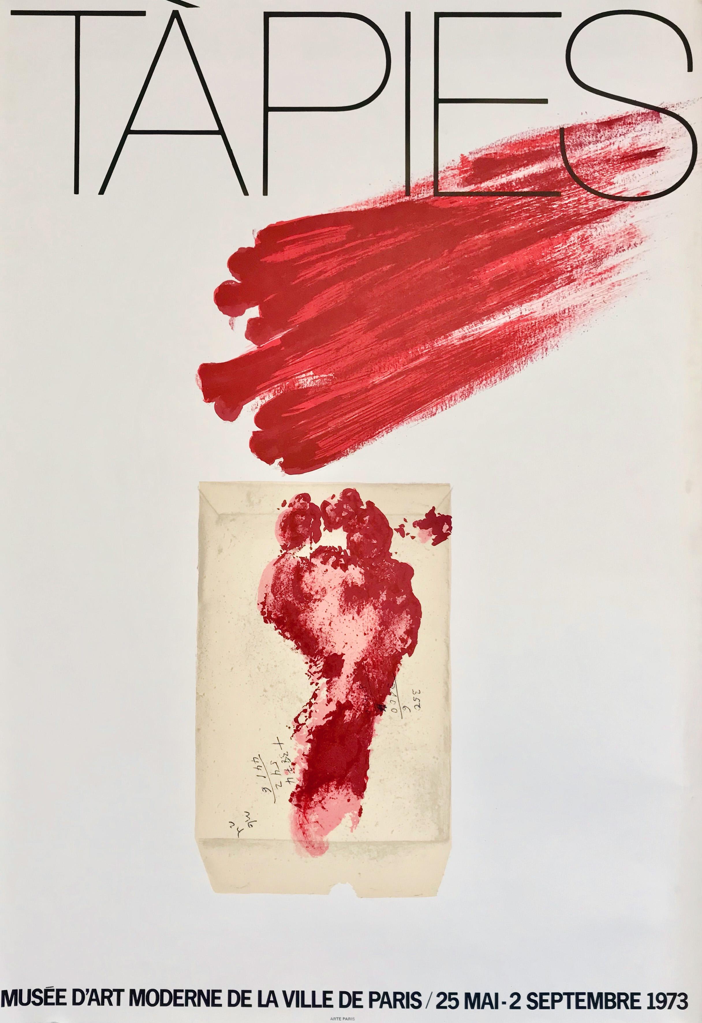 Vintage 1970s Antoni Tàpies exhibition poster:
Antoni Tàpies Musée d’Art Moderne Paris, 1973.

Offset lithograph in colors. 
19.5 x 28.5 inches (50 x 72 cm). 
Good overall condition.
1st edition, 1st printing 1973. 
Unsigned from an edition of
