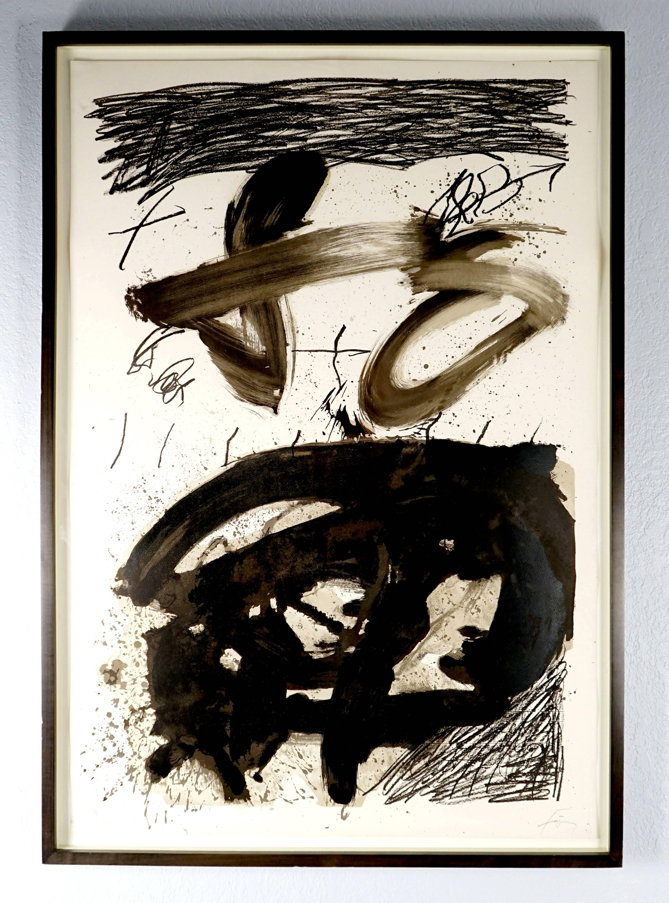Artist: Antoni Tapies
Title: Calligraphique
Year: 1987
Medium: Lithograph
Signed and numbered 40/75
In excellent condition. 
Dimensions: Sheet: 45 x 30.5 inches, Framed dimensions: 48.5 x 33.5 x 2 inches. Beautifully framed in dark blackish brown