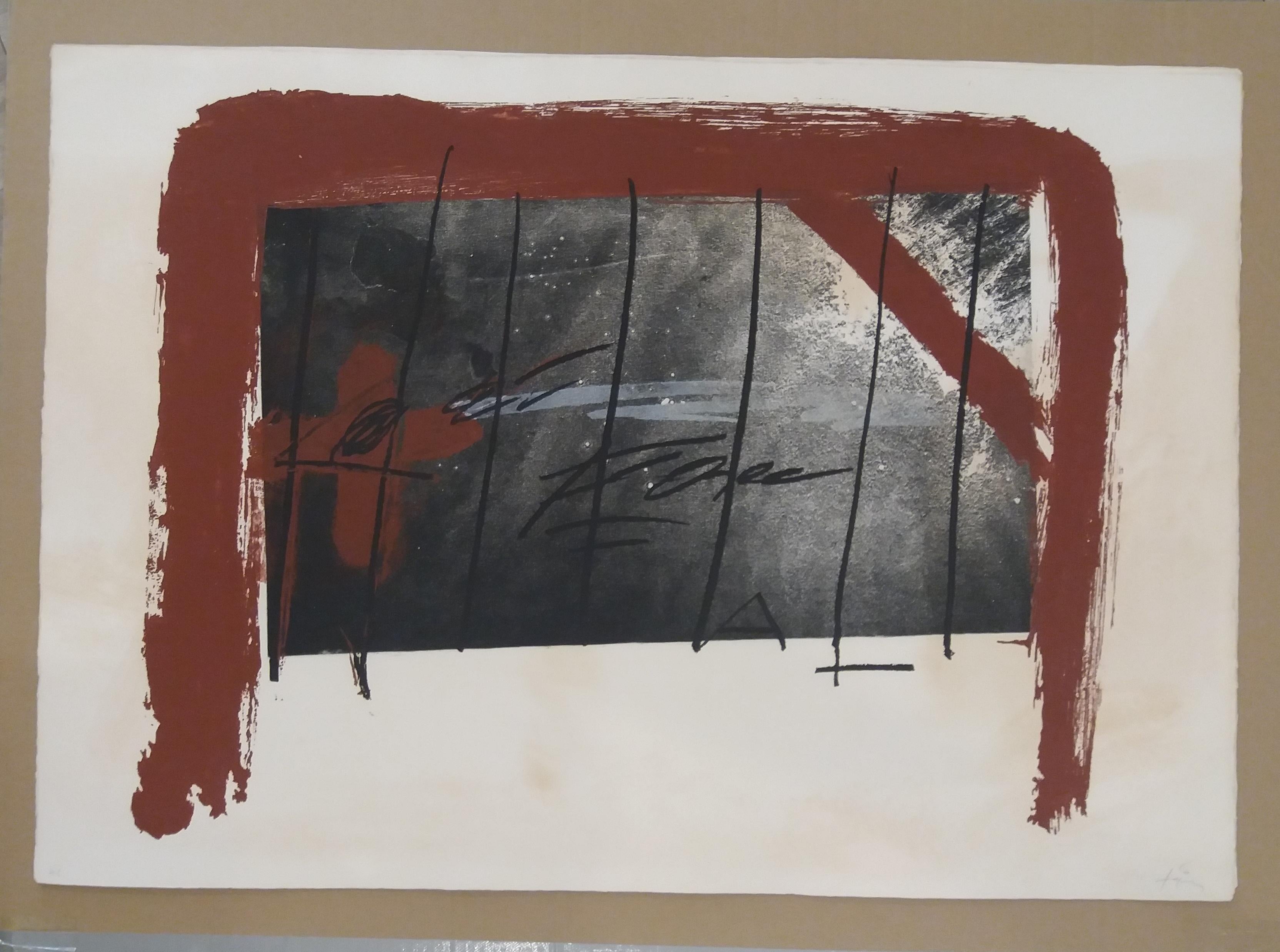 Tapies ROUGE  Peinture de gravure originale de Cama Roja - Print de Antoni Tàpies