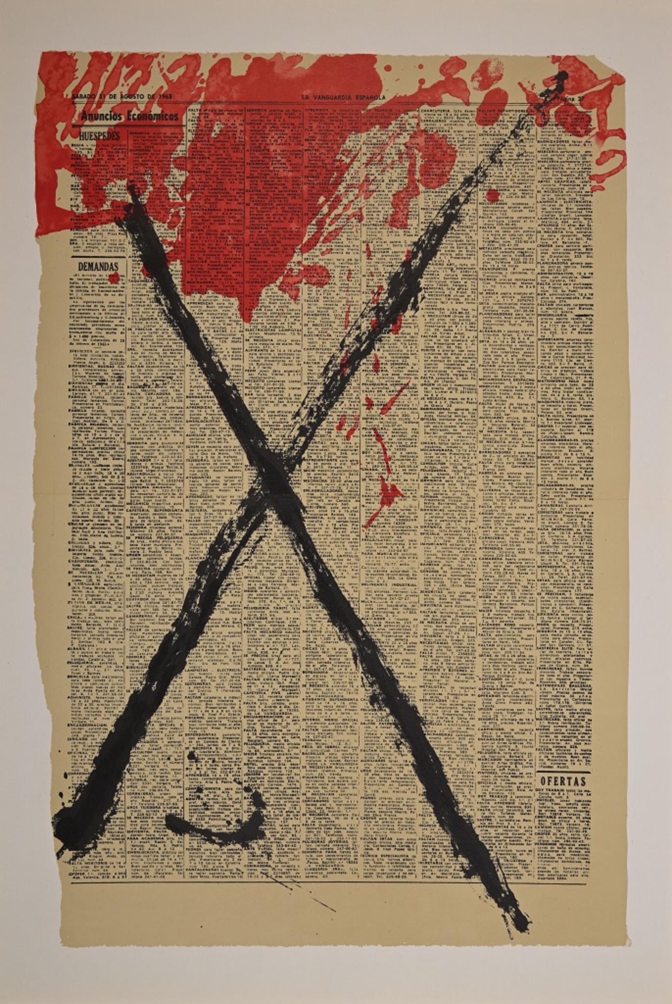 Cross is a mixed lithograph realized by Antoni Tàpies for the Art Magazine Derrière Le Miroir no 175. 

Printed by Ateliers de Maeght, Paris, 1968.

Good conditions except for a light fold in the center as for the whole edition.
