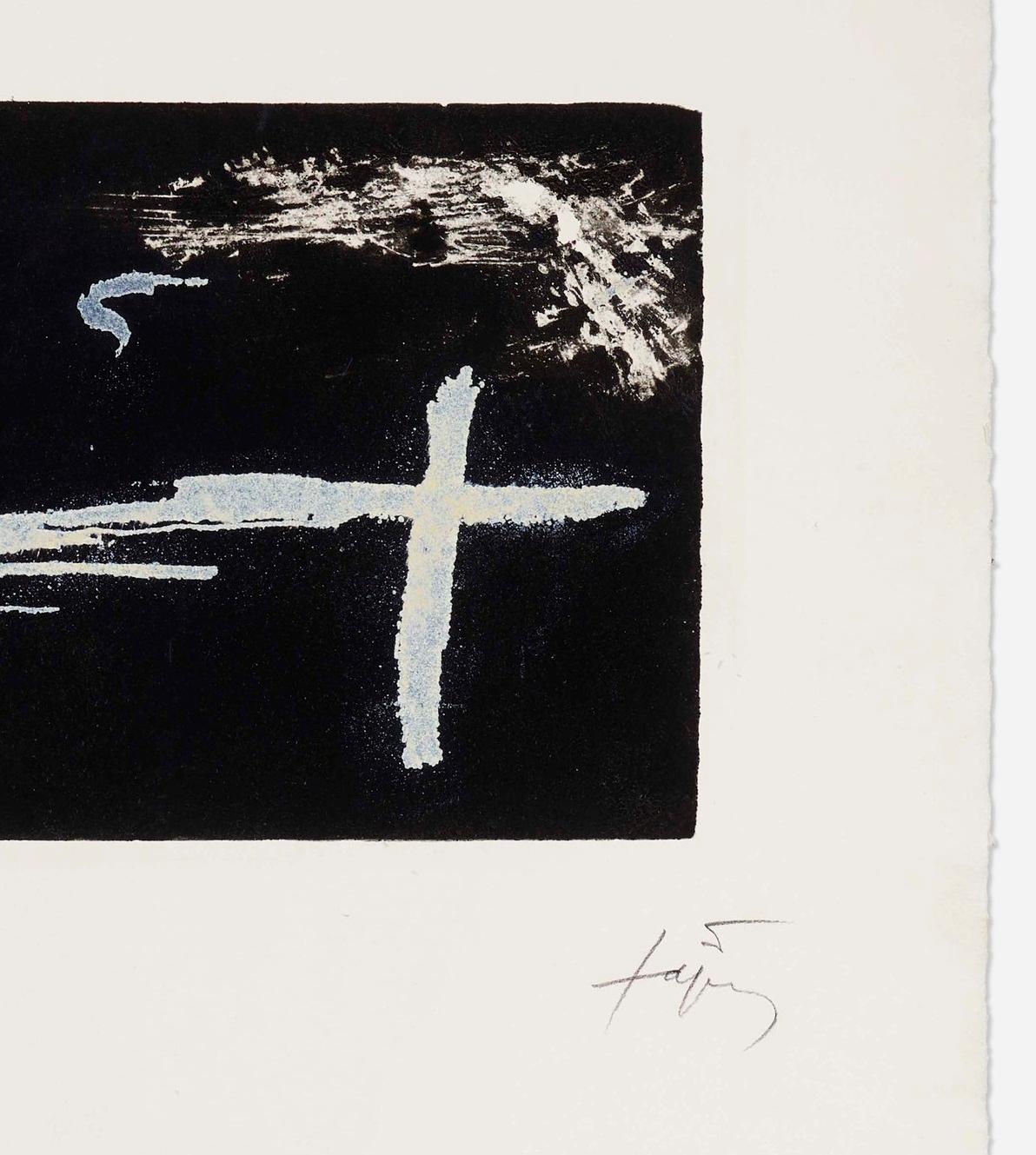 Double Croix Dark Tapies Cross Numbers Red Black White Abstract Contemporary - Beige Abstract Print by Antoni Tàpies