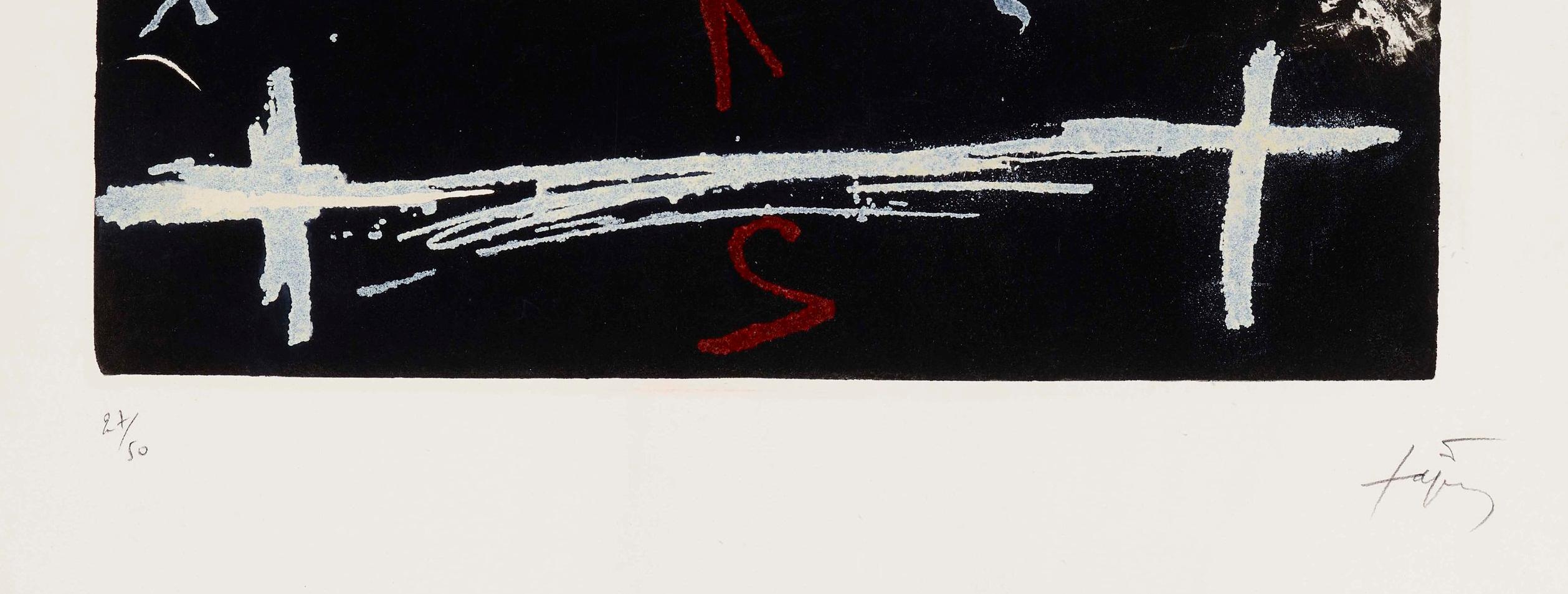 Double Croix Dark Tapies Cross Numbers Red Black White Abstract Contemporary - Print by Antoni Tàpies