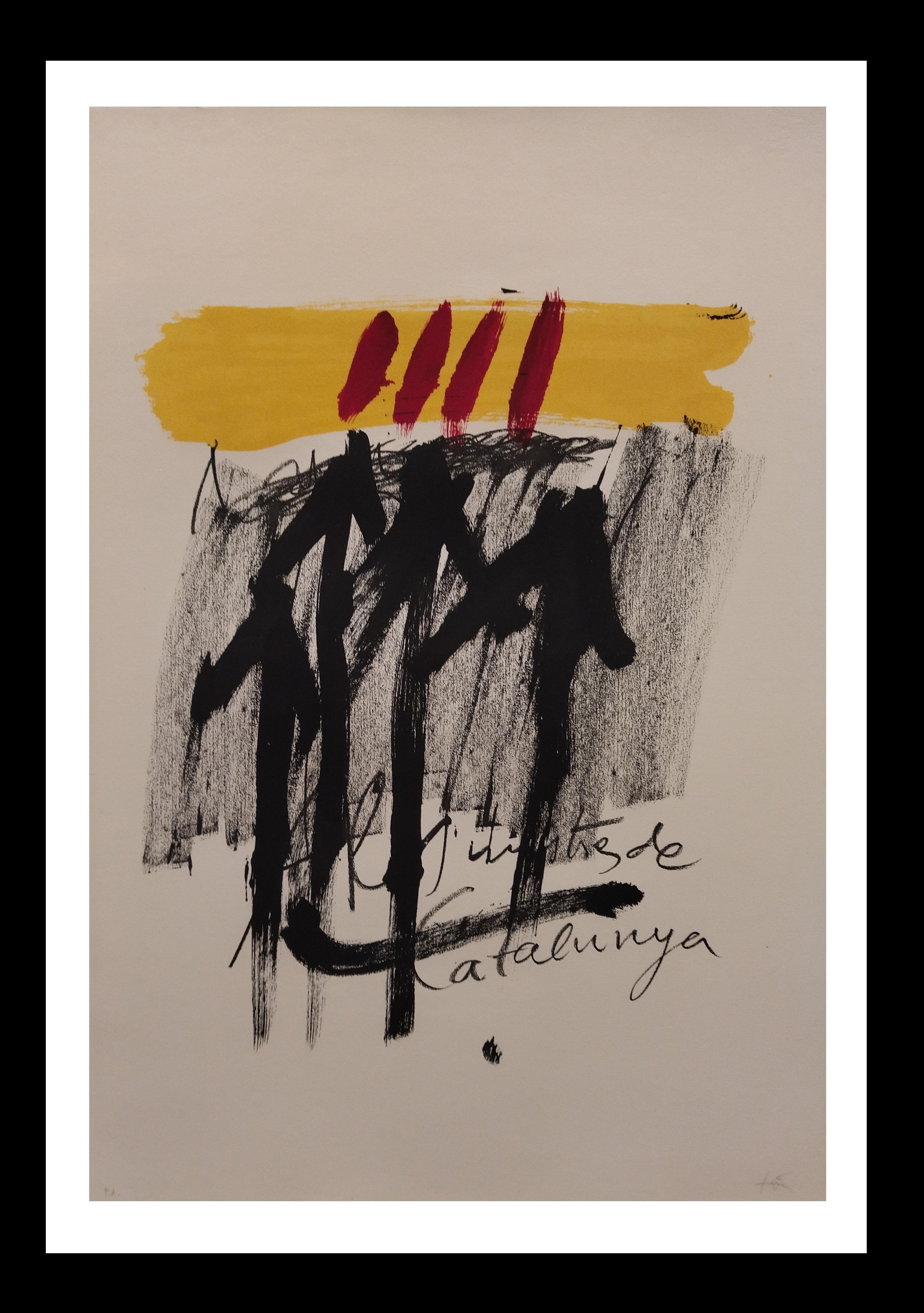  Tapies 114 Noir  Rouge  Jaune  Vertical  Peinture lithographie d'origine - Print de Antoni Tàpies