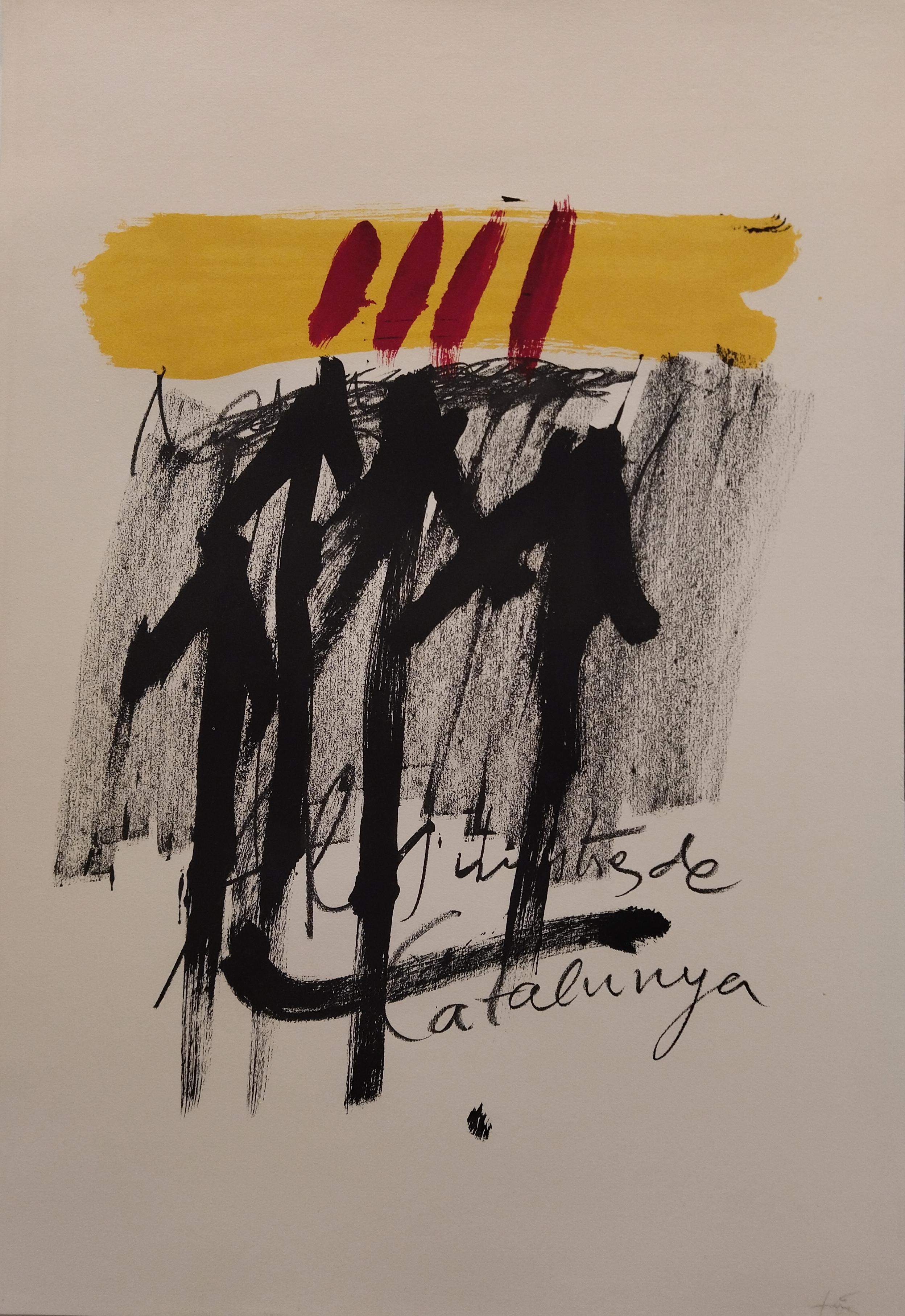  Tapies 114 Noir  Rouge  Jaune  Vertical  Peinture lithographie d'origine - Abstrait Print par Antoni Tàpies