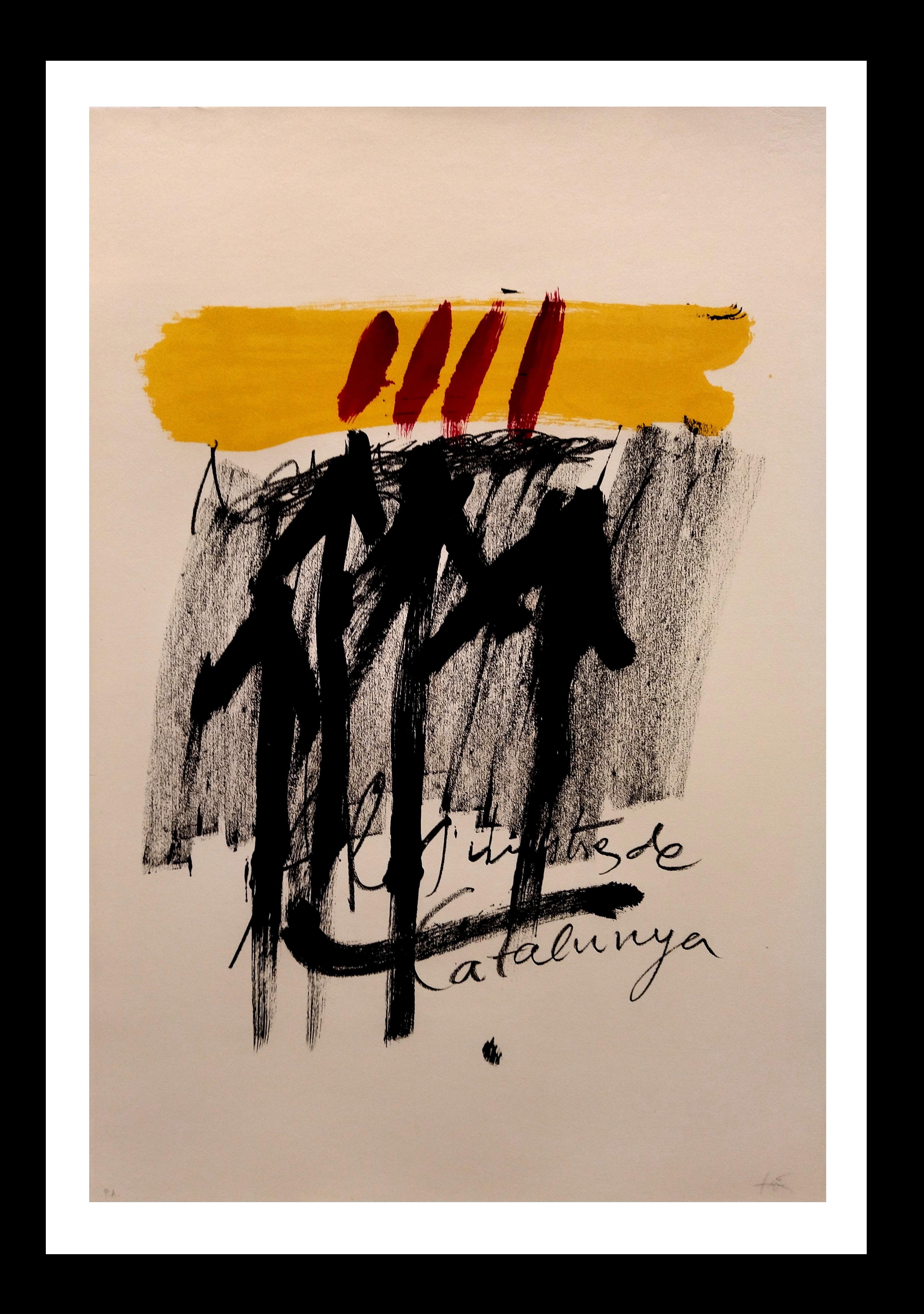 Abstract Print Antoni Tàpies -  Tapies 114 Noir  Rouge  Jaune  Vertical  Peinture lithographie d'origine