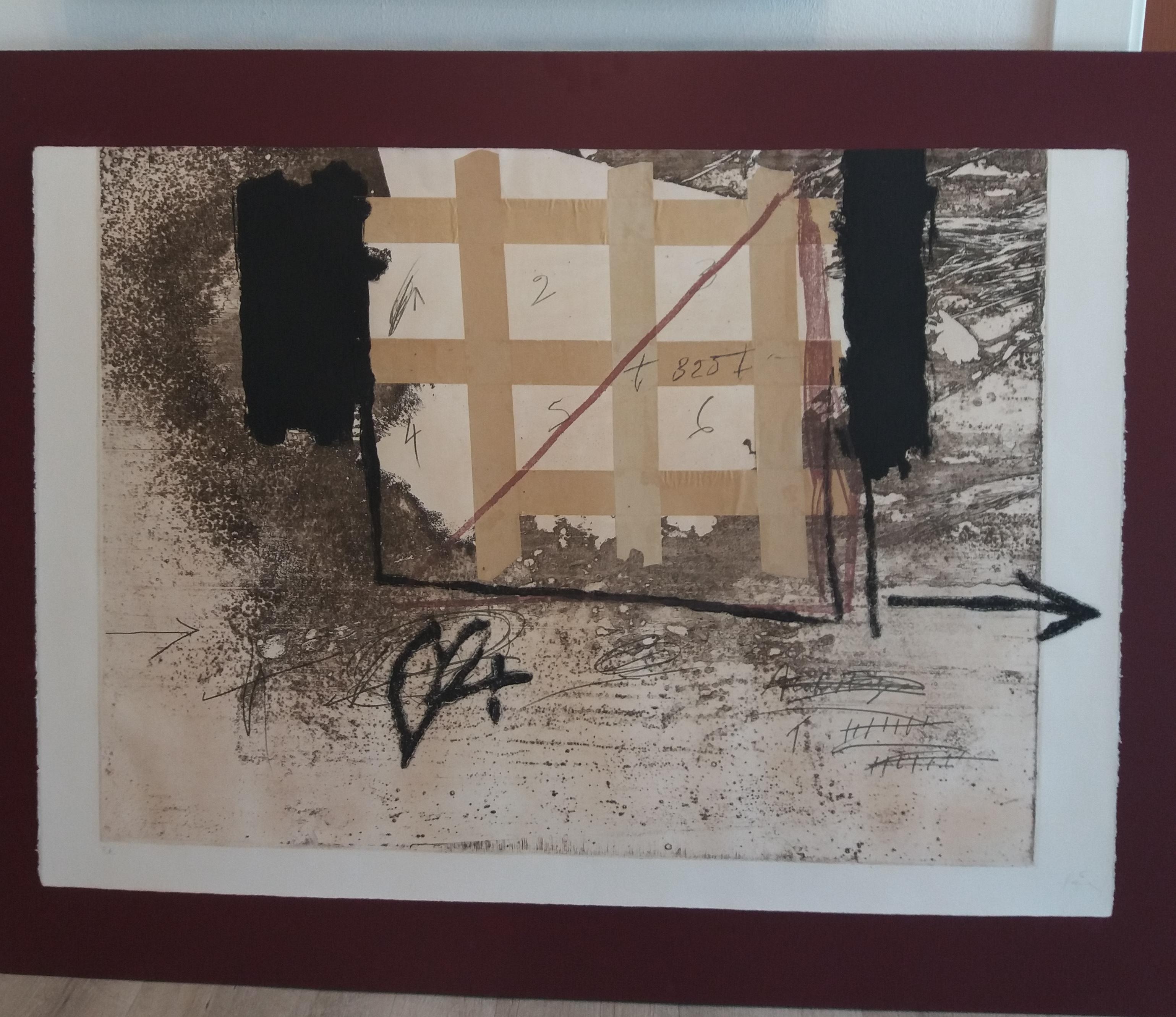  engraved with plastic collage and polychrome stamping abstract pàinting.
Aguatinta. Arches 63x90
Ed galeria Maeght, Barceloa. Imp. J. Barbara, Barcelona
Catalogue razonne 1973/1978, pag 181
ANTONI TAPIES was the maximum representative of Spanish