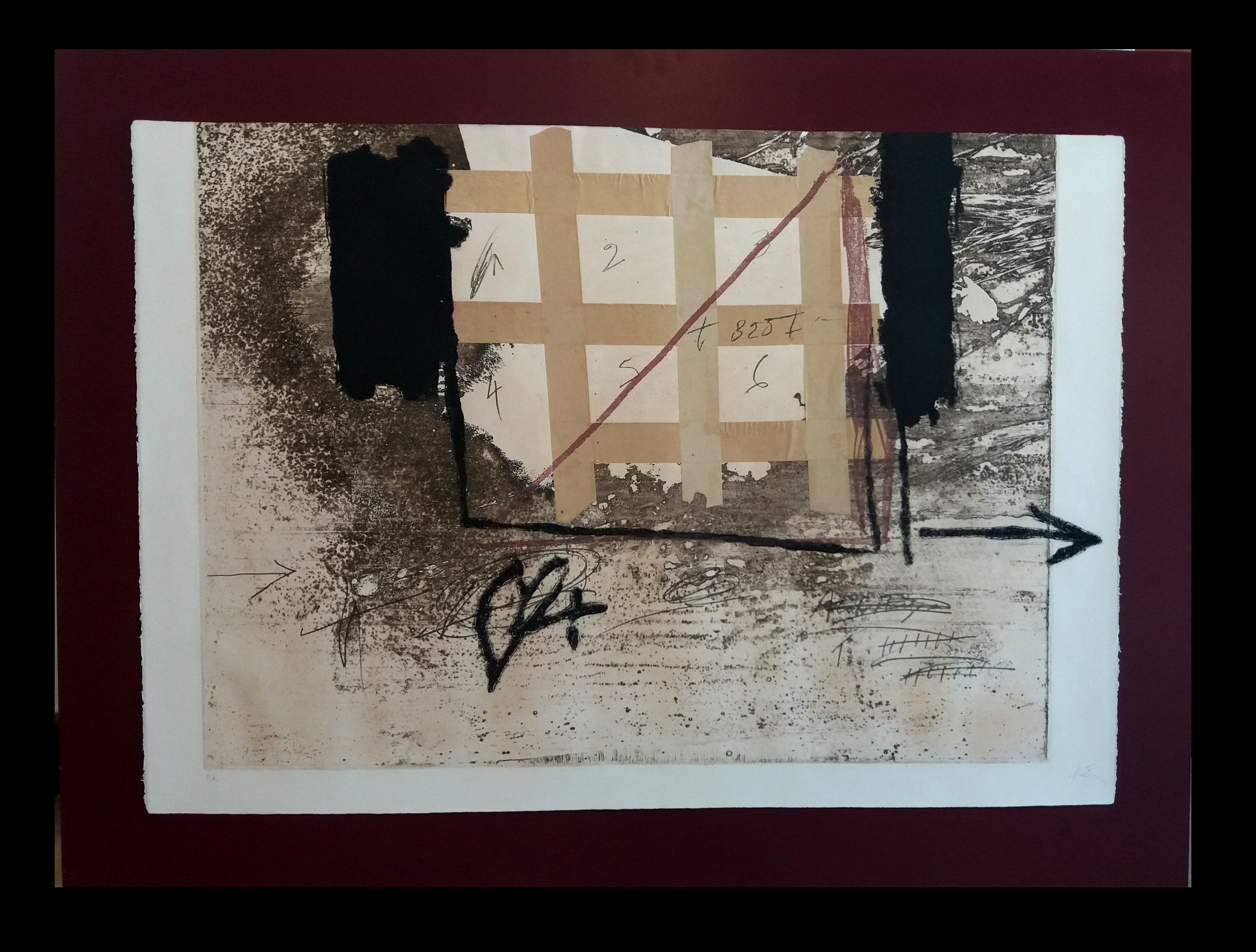 Antoni Tàpies Abstract Print -  Tapies  50 Engraved With Plastic Collage and Polychrome stamping abstract 