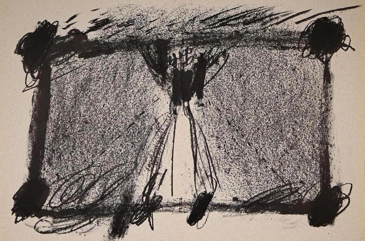 In Two Blacks ist eine gemischte Lithographie von Antoni Tapies für das Kunstmagazin Derrière Le Miroir, Nr. 175.

Gedruckt bei Ateliers de Maeght, Paris, 1968.

Sehr guter Zustand bis auf eine leichte Falte in der Mitte, die für die gesamte Ausgabe