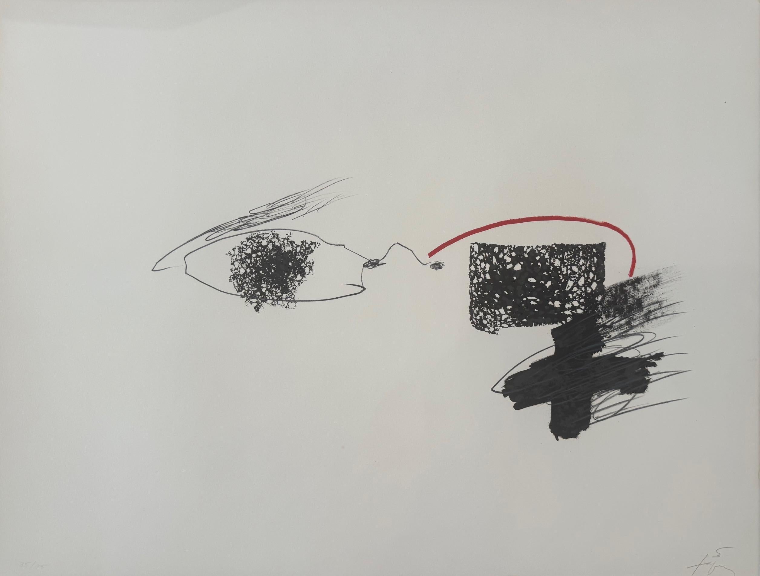 "L'arque rouge" (roter Bogen) ist eine Originallithografie mit Aquatinta, ein ikonoklastisches Werk des bekannten spanischen Künstlers des Informel Antoni Tàpies.  Es handelt sich um eine original signierte und nummerierte Radierung (Auflage 75