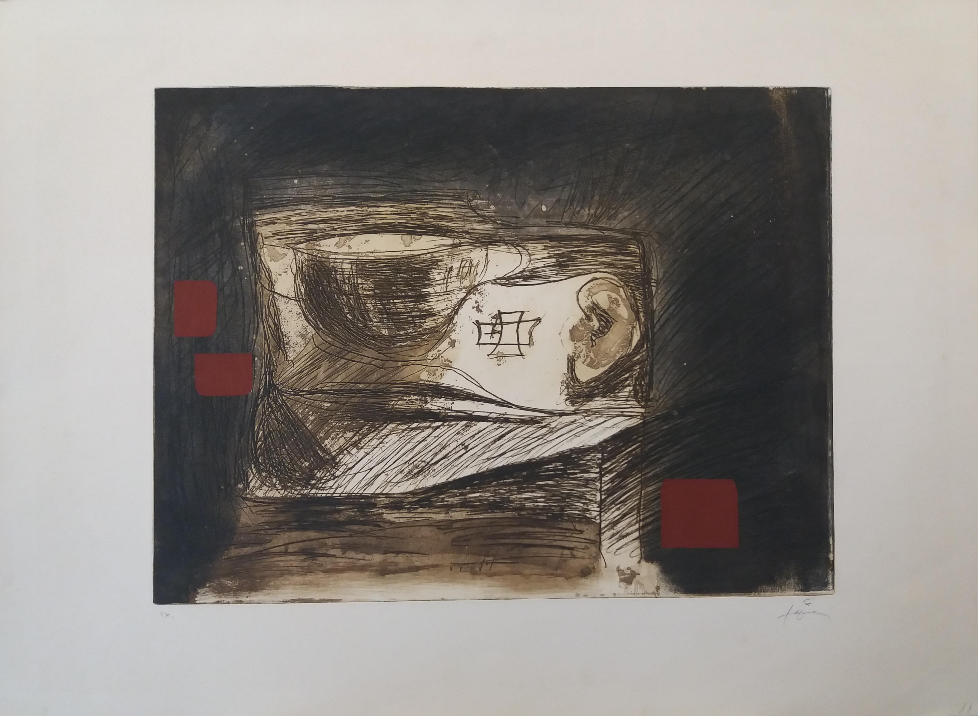 LLull i Tapies original engraving painting - Black Abstract Print by Antoni Tàpies