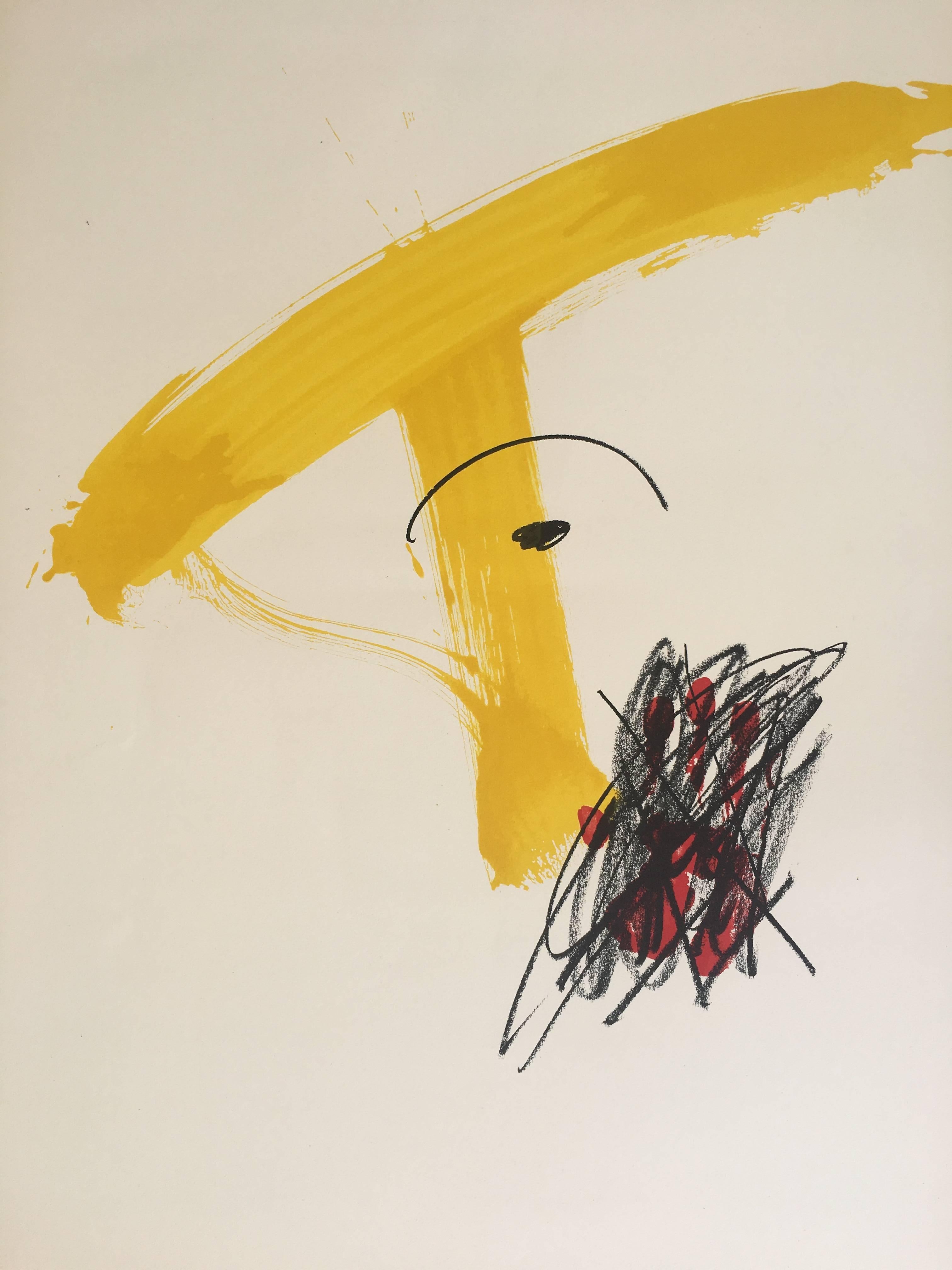 Tapies 93  Noir  Jaune  Vertical. Peinture de lithographie originale de 1974 - Abstrait Print par Antoni Tàpies