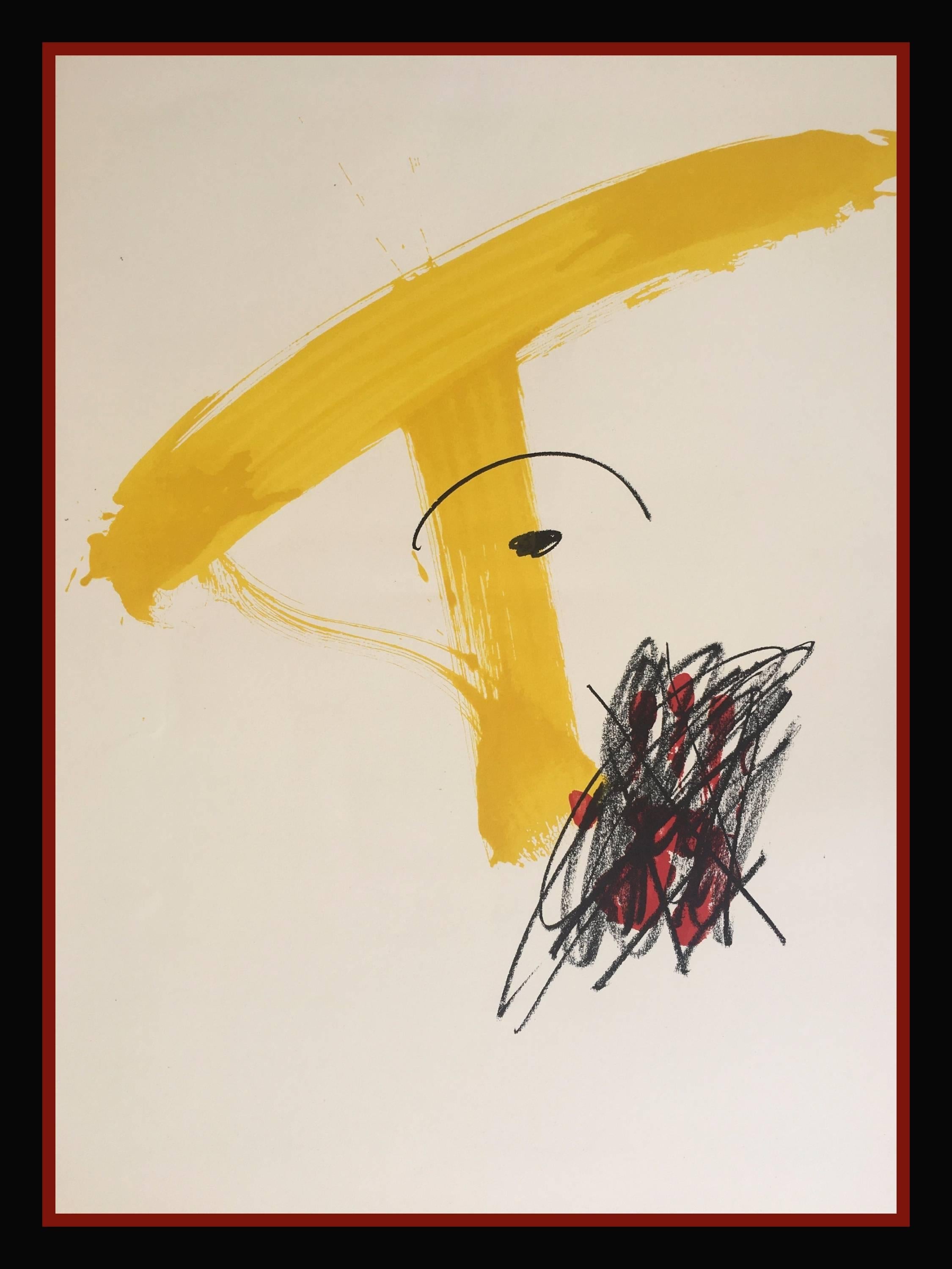 Abstract Print Antoni Tàpies - Tapies 93  Noir  Jaune  Vertical. Peinture de lithographie originale de 1974