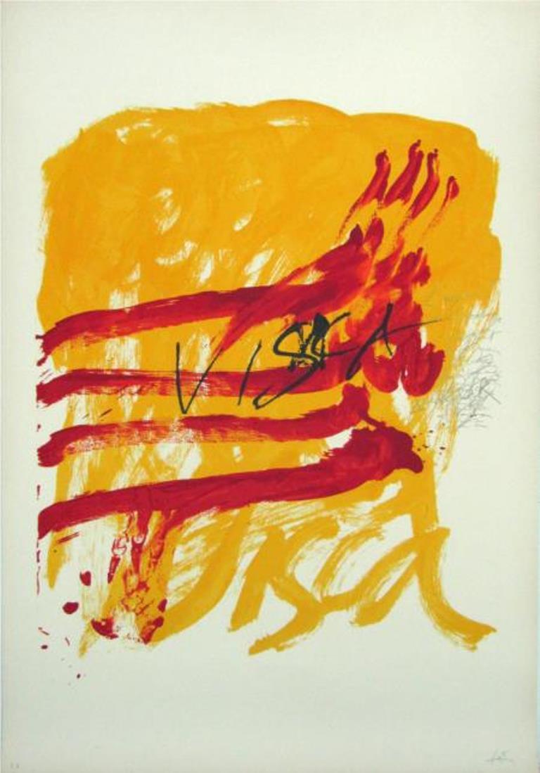  Tapies. MESTRES DE CATALUNYA „ lot 7“, abstraktes Gemälde mit Lithografie – Print von Antoni Tàpies
