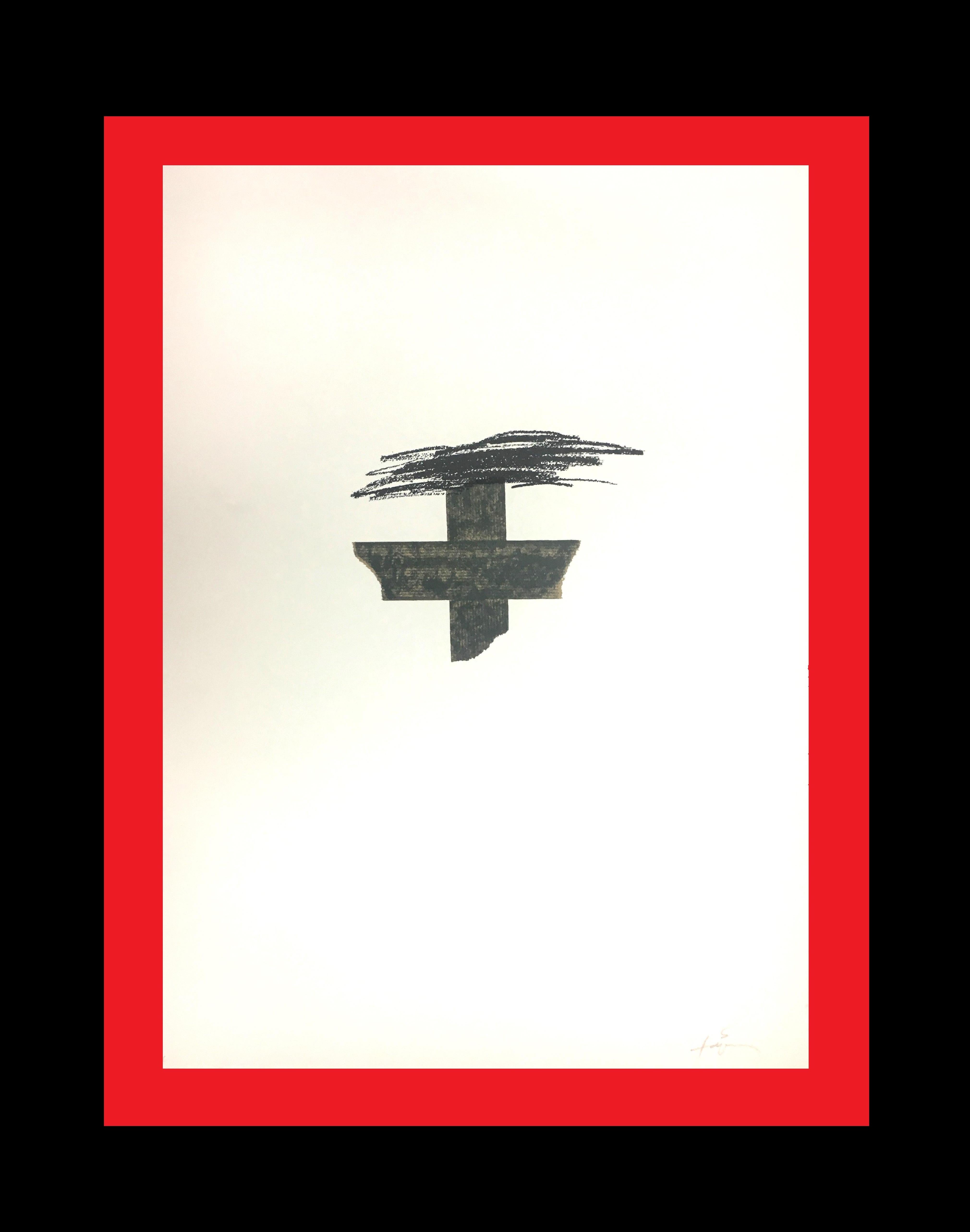 Tapies 10 Black Cross  Vertical 1975 original lithography painting - Abstract Print by Antoni Tàpies
