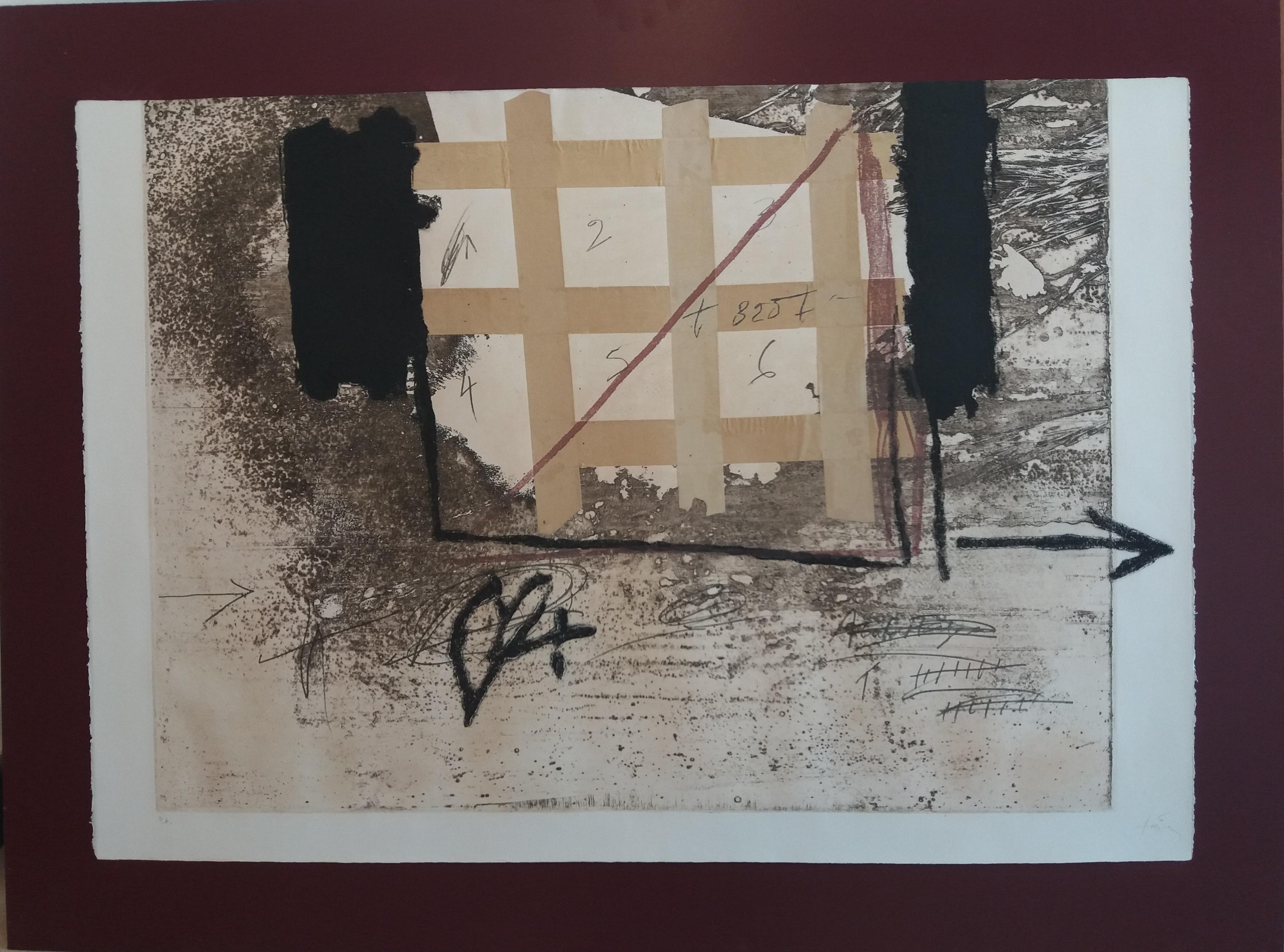 Tapies 10  Inciso con collage di plastica e stampaggio policromo astratto - Print di Antoni Tàpies