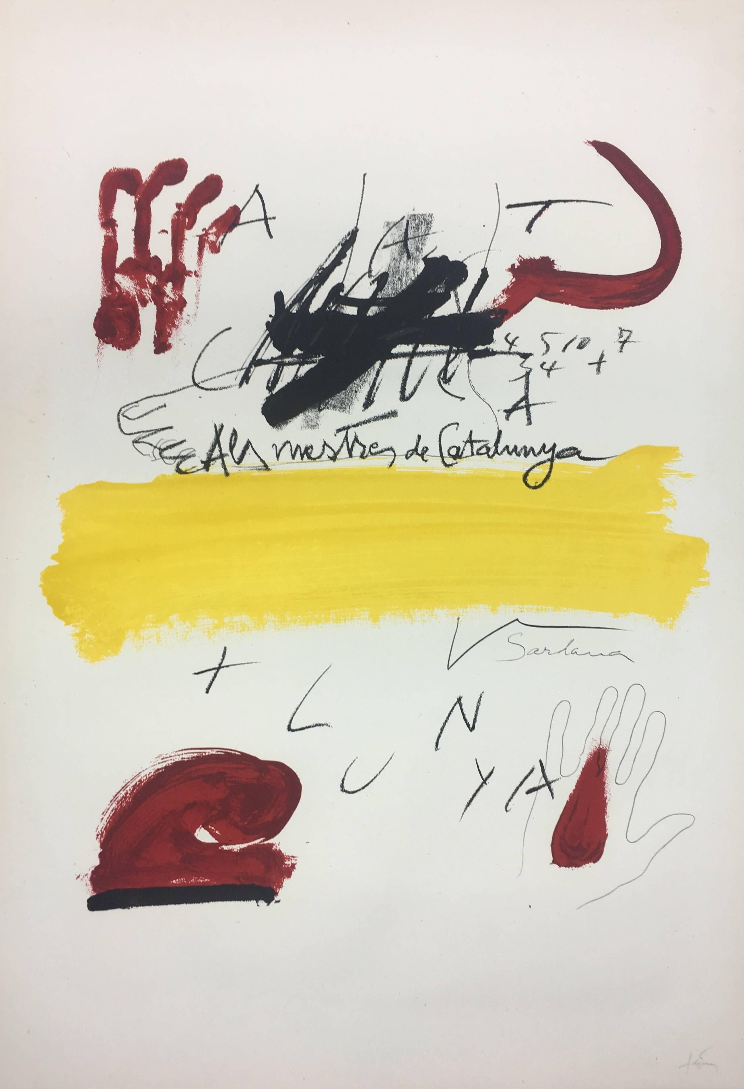 Tapies   Fondo blanco  Rojos y amarillos  Cataluña.  litografía original - Print de Antoni Tàpies