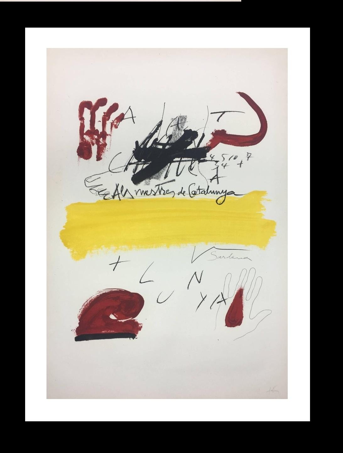 Abstract Print de Antoni Tàpies - Tapies   Fondo blanco  Rojos y amarillos  Cataluña.  litografía original