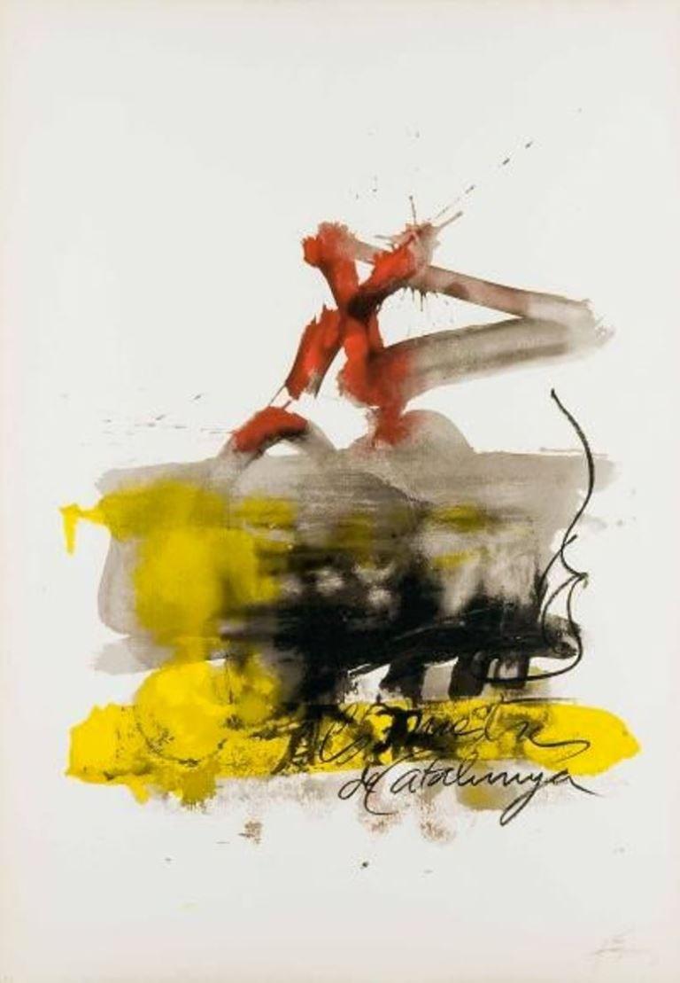 Tapies    Vertical  Jaune  Peinture abstraite lithographie originale rouge et noire - Print de Antoni Tàpies