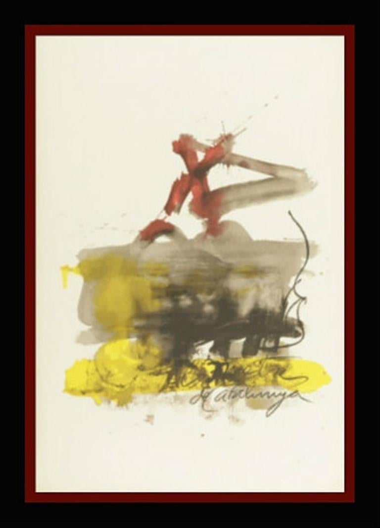 Abstract Print Antoni Tàpies - Tapies    Vertical  Jaune  Peinture abstraite lithographie originale rouge et noire