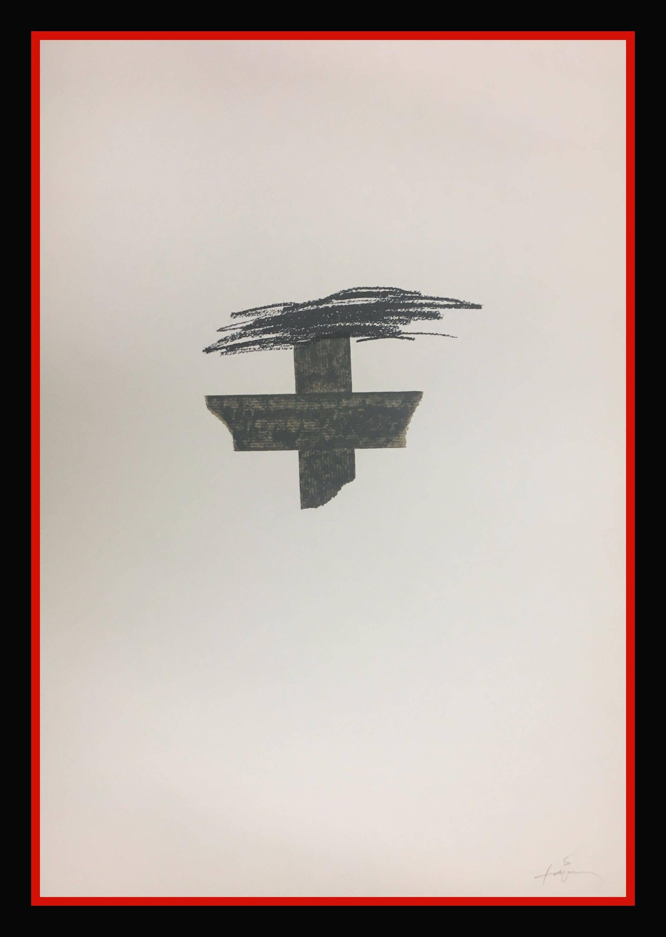 Abstract Print Antoni Tàpies - Tapies  Croix noire  Peinture de lithographie originale verticale de 1975