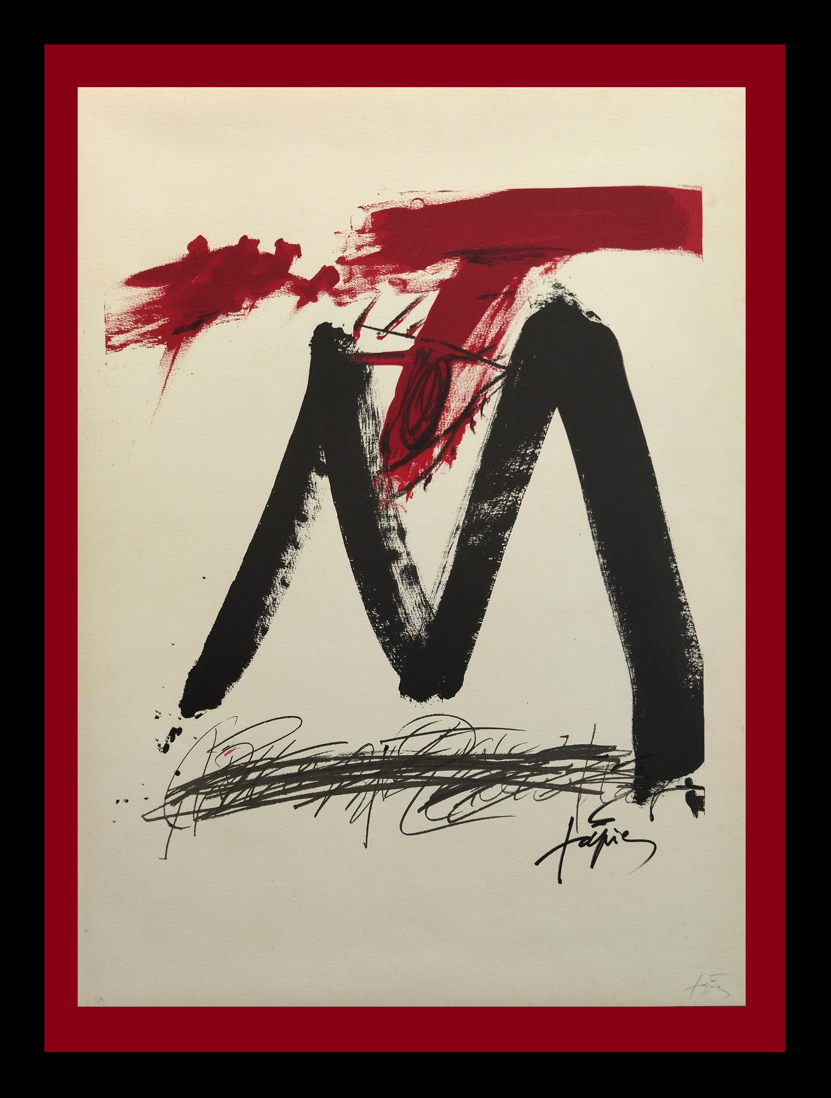 Tapies 36  Vertical  Red  Black  original lithograph abstract painting