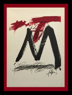 Tapies   Vertical  Red  Black  original lithograph abstract painting