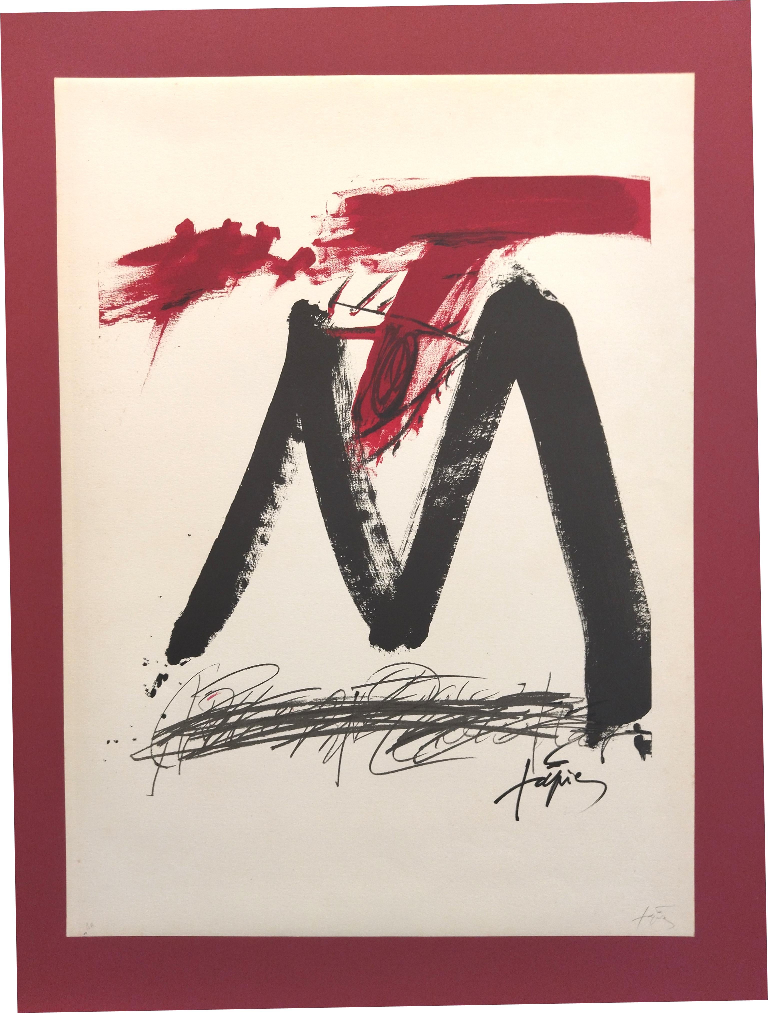 Tapies   Vertical  Red  Black  original lithograph abstract painting - Print by Antoni Tàpies