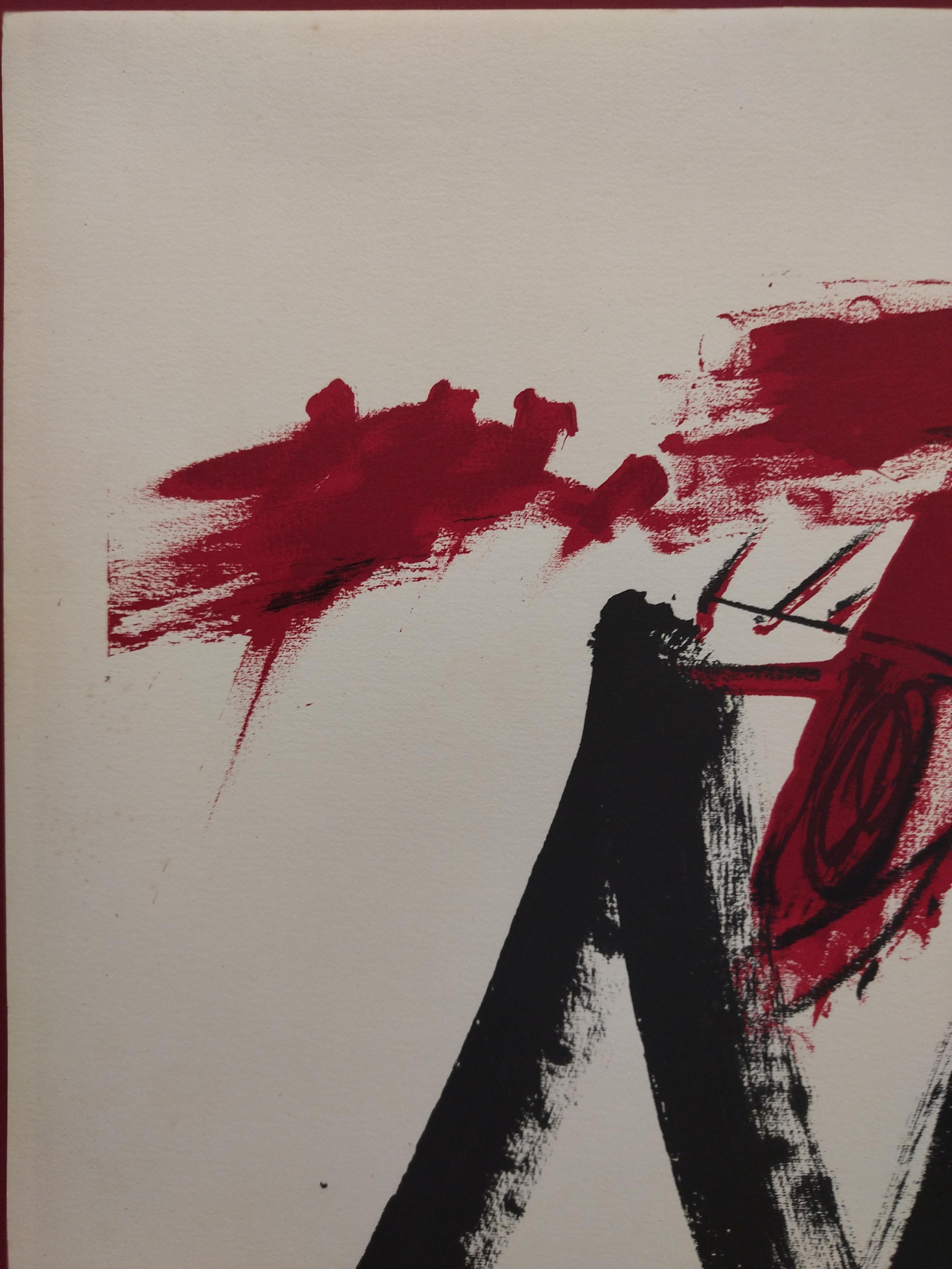 Tapies   Vertical  Red  Black  original lithograph abstract painting 3