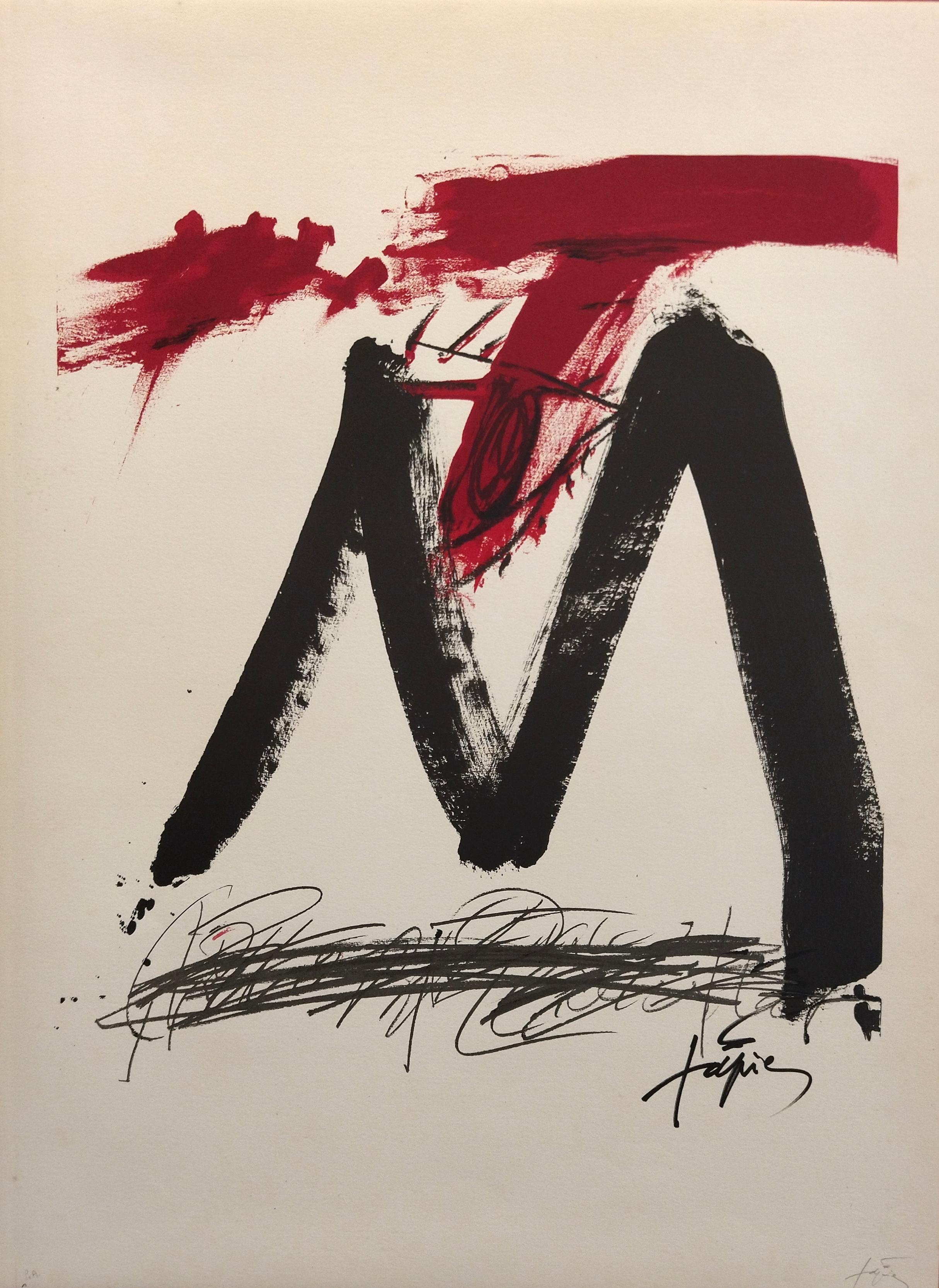 Tapies   Vertical  Red  Black  original lithograph abstract painting 4