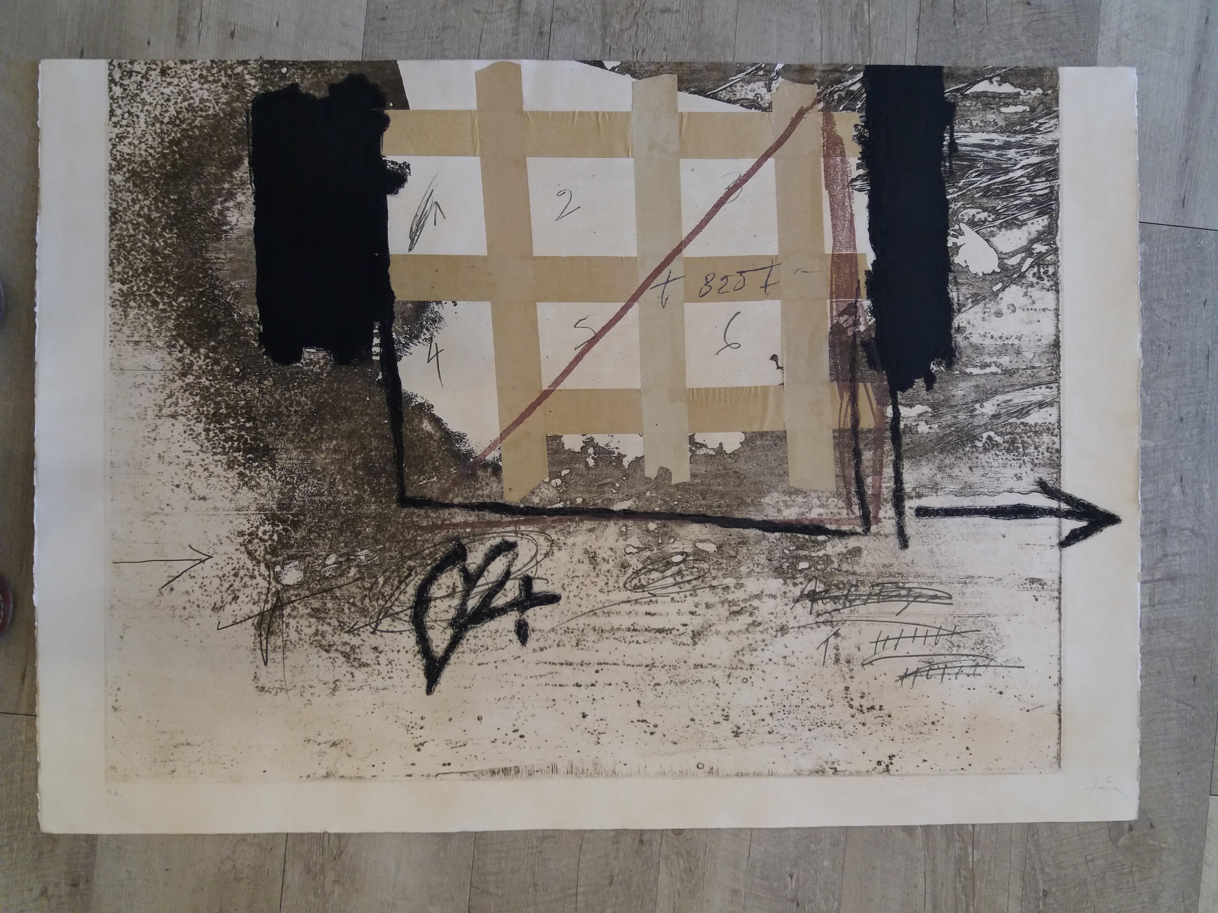 Tapies 4 Engraved With Plastic Collage and Polychrome stamping abstract - Black Abstract Print by Antoni Tàpies