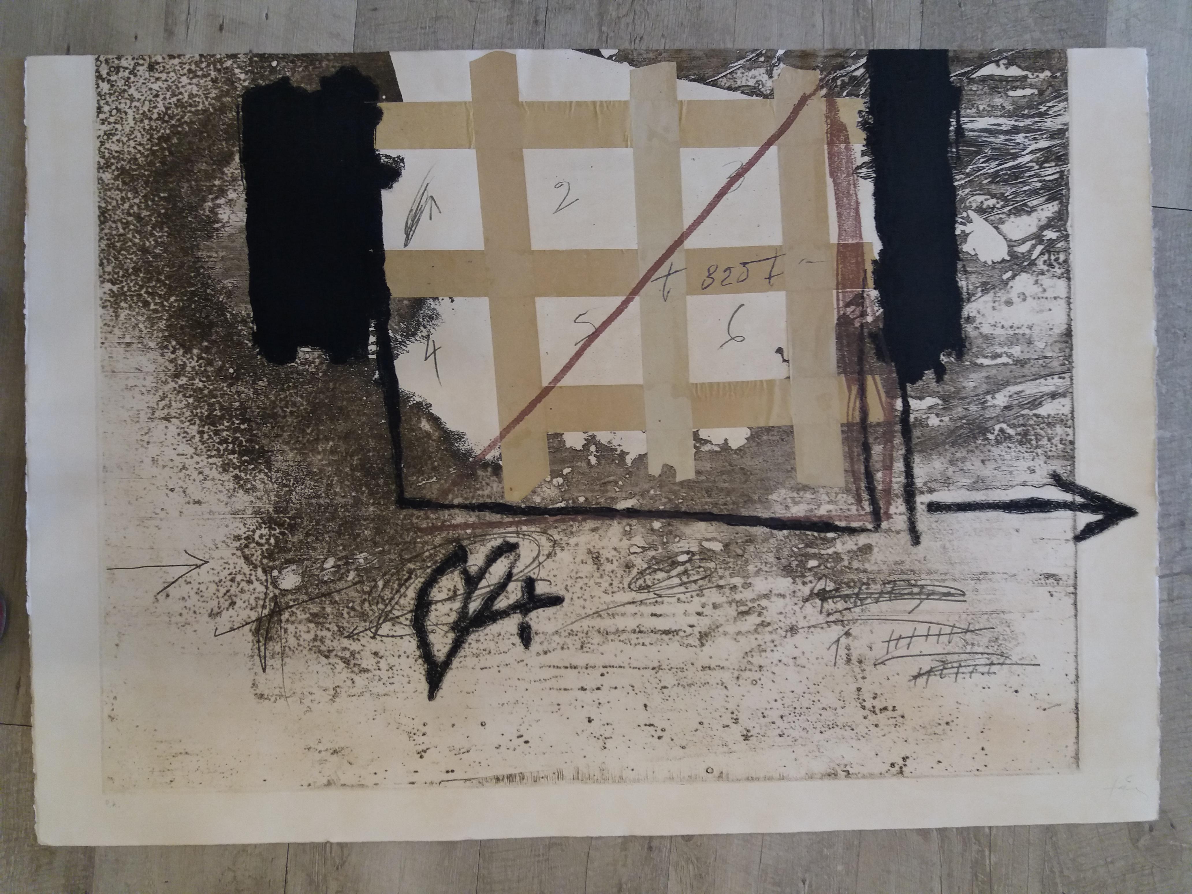  engraved with plastic collage and polychrome stamping abstract pàinting. virtual framed
Aguatinta. Arches 63x90
Ed galeria Maeght, Barceloa. Imp. J. Barbara, Barcelona
Catalogue razonne 1973/1978, pag 181
ANTONI TAPIES was the maximum