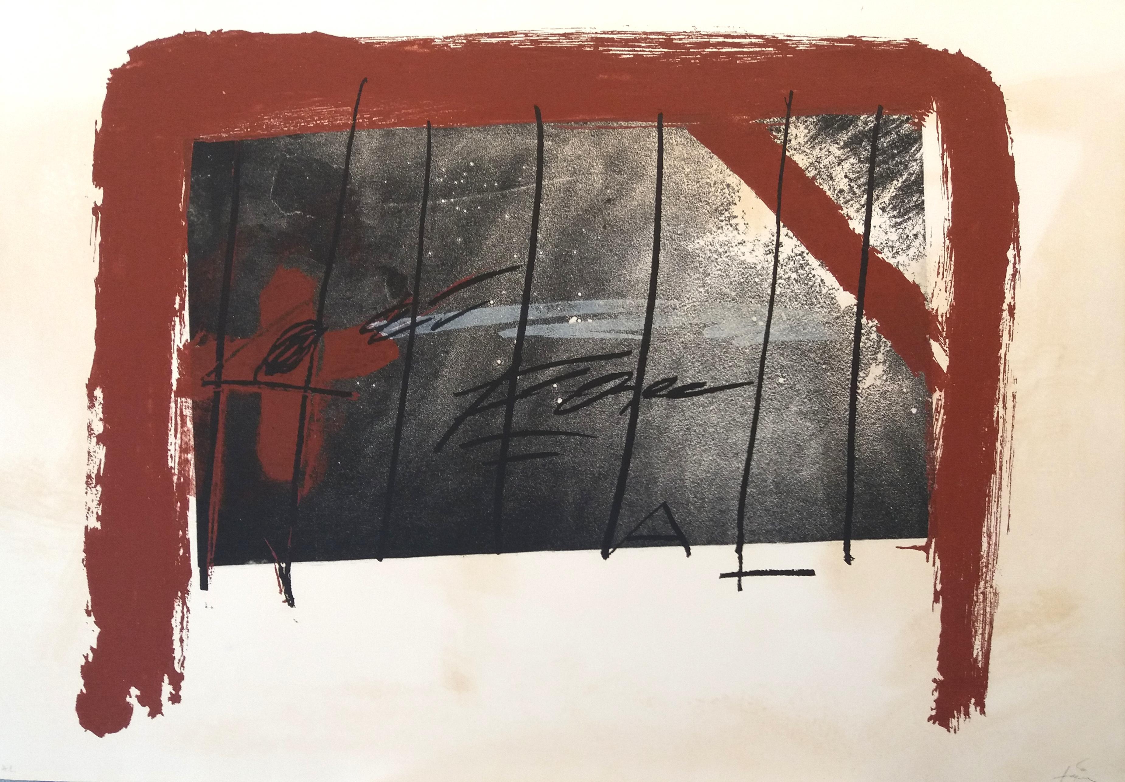 Tapies 40 ROJO  Cama Roja pintura grabada original - Abstract Print Negro de Antoni Tàpies