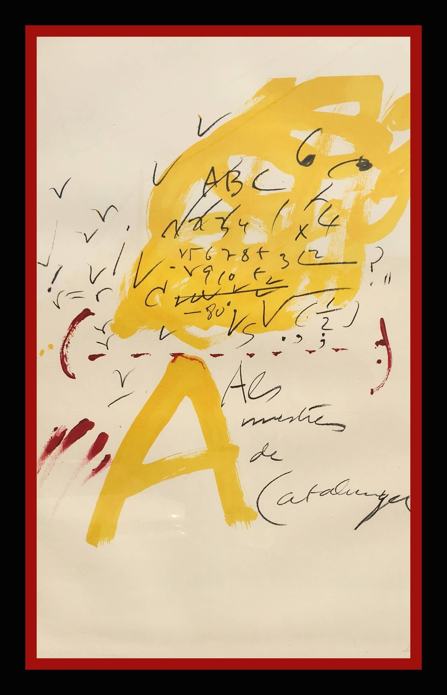 Abstract Print Antoni Tàpies - Tapies 66 Noir  Rouge  Jaune  Lithographie d'origine verticale  1974 lithographie