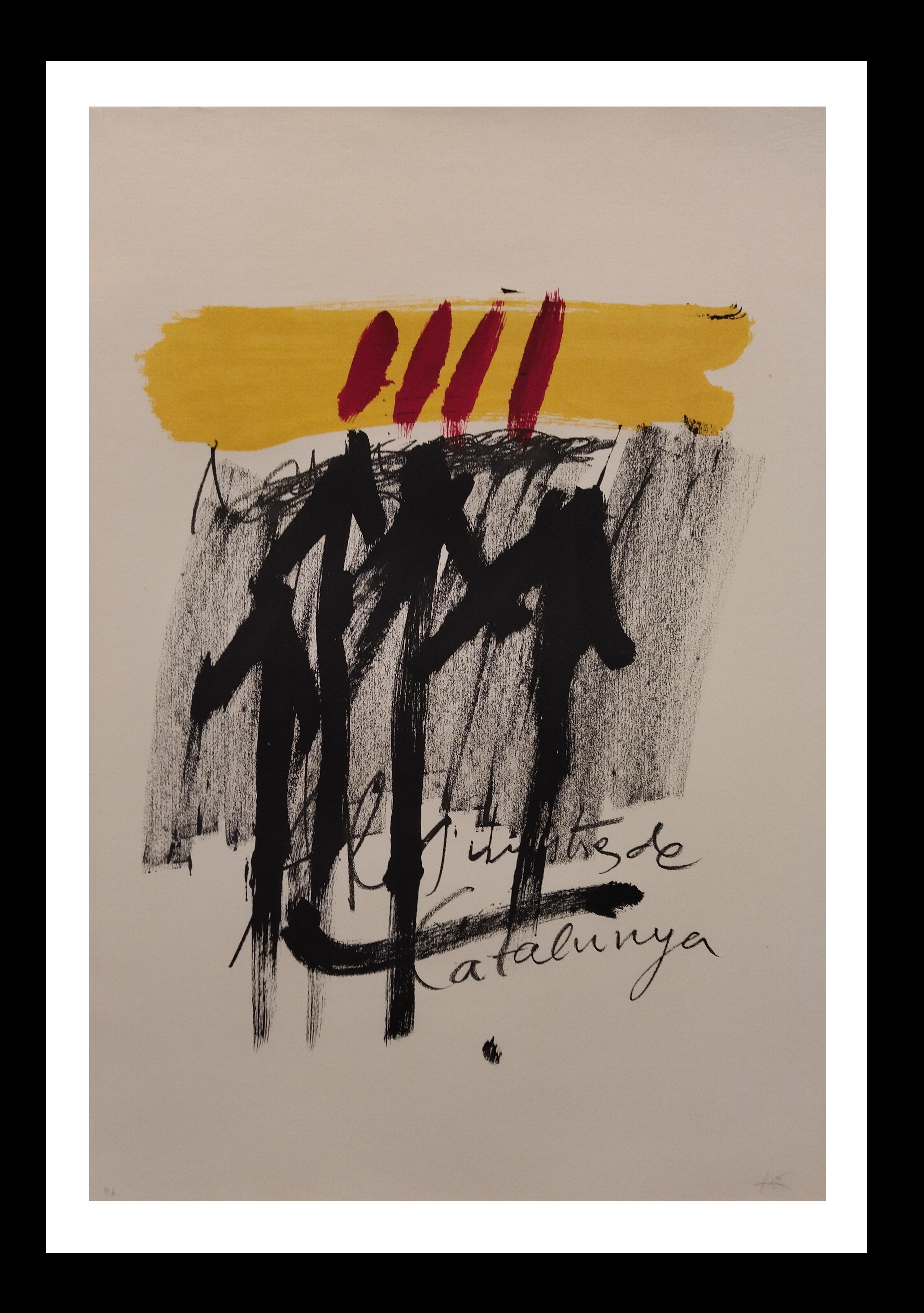 Tapies 36 Black  Red  Yellow  Vertical  original lithograph painting - Abstract Print Beige di Antoni Tàpies